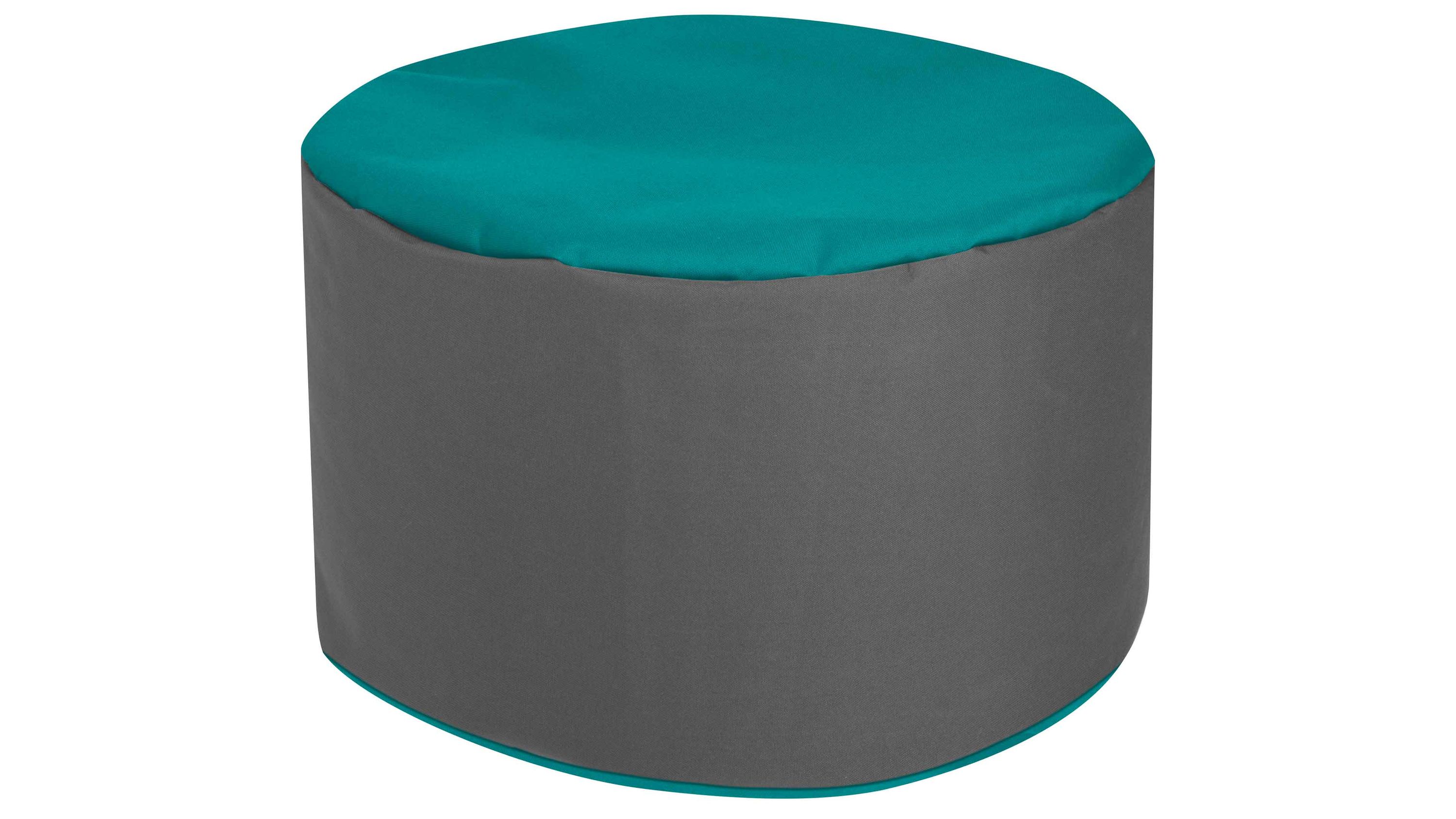 Runder Sitzsack-Hocker mit petrolfarbenem Deckel und anthrazitfarbenem Seitenbezug