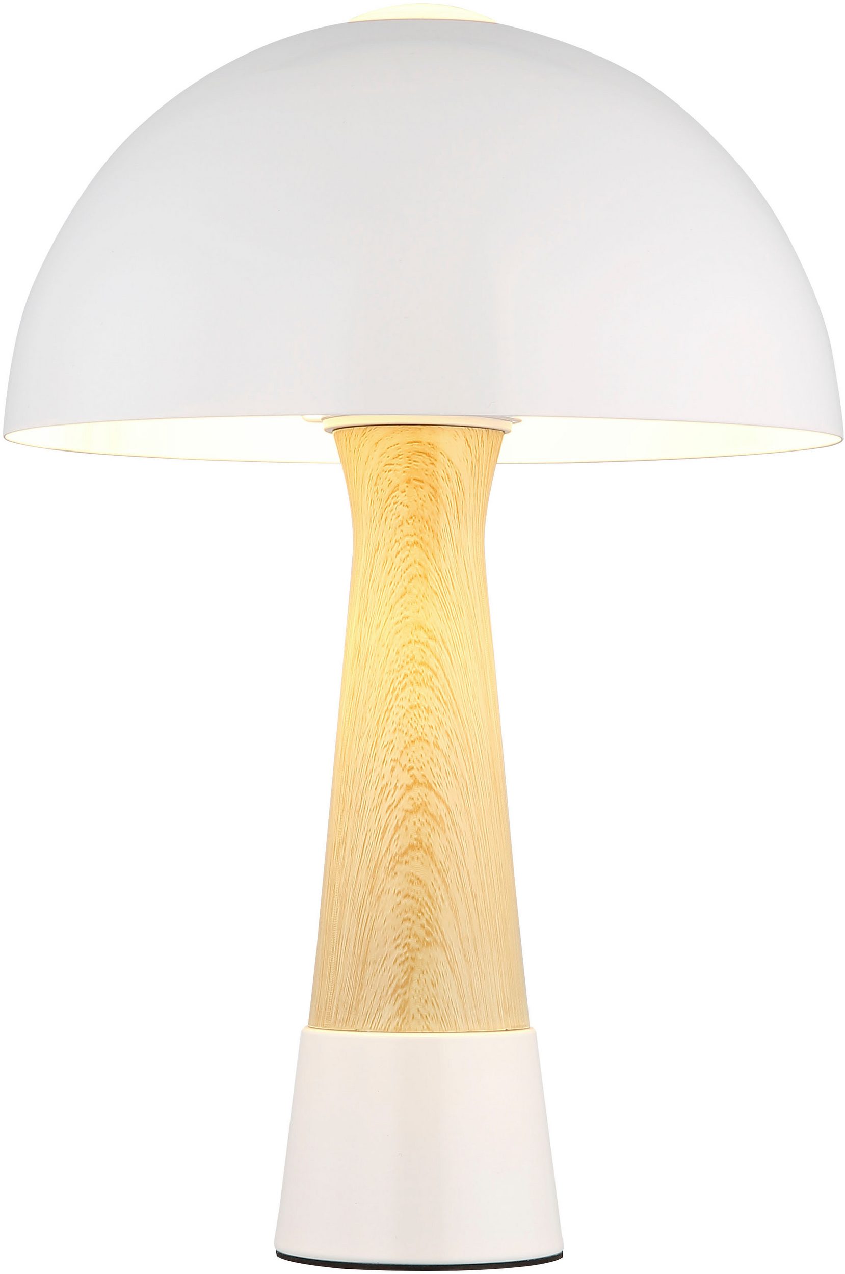 Tischleuchte Paulin Pilzlampe in Holzoptik mit beigem Metallschirm Tischleuchte im Retro-Stil mit kuppelförmigem  beigem Metallschirm und passendem Fuß in Holzoptik  aufgenommen frontal