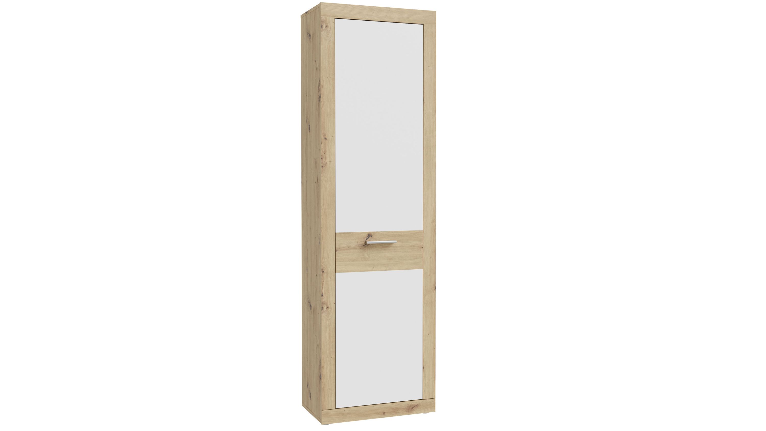 Schmaler Garderobenschrank mit weißer Tür und Rahmen in heller Holzoptik mit Griff