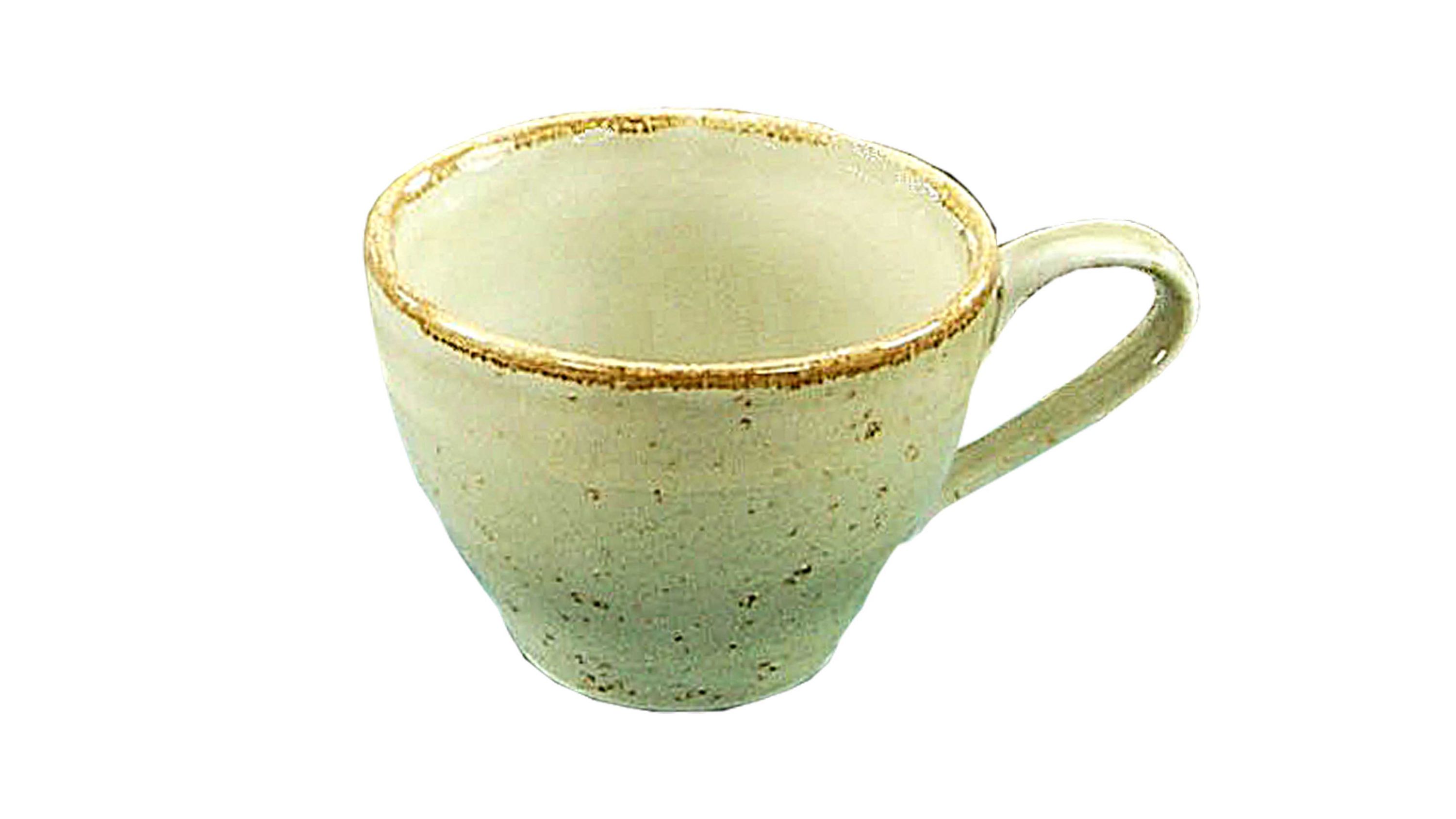 Kaffeetasse mit rundem Henkel in naturgrüner Farbe und unregelmäßiger Oberfläche