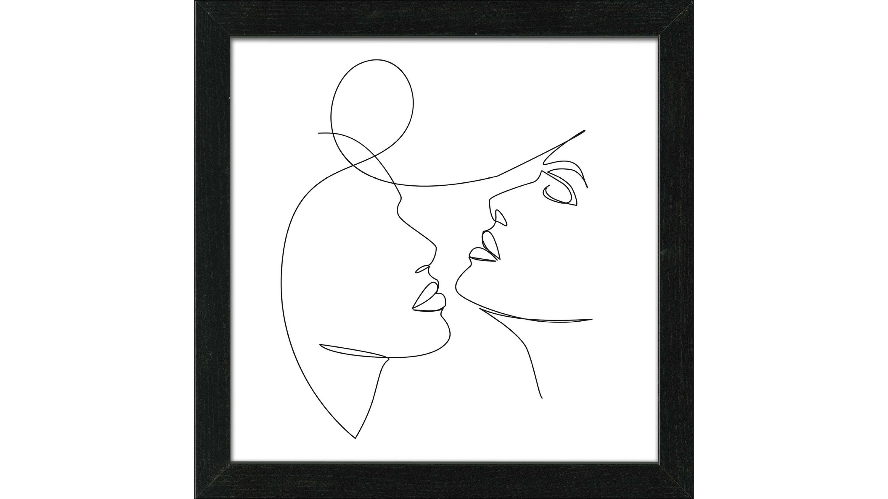 Schwarz-weißer Kunstdruck mit zwei abstrakten Gesichtern in Linienzeichnung in schwarzem Rahmen