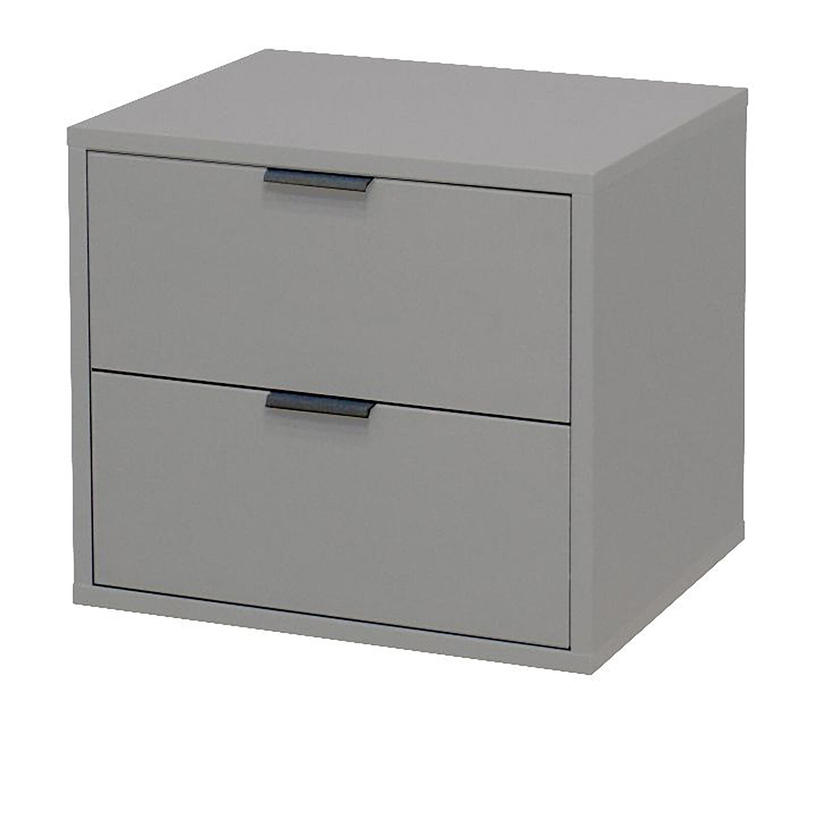 Zweischubladenschrank in Kreidegrau mit mattem Finish und schwarzen Griffleisten