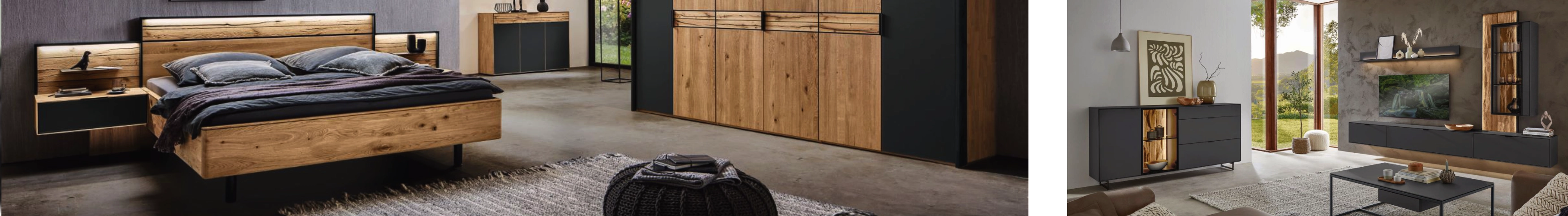 Modernes Schlafzimmer mit Holzbett, dunklen Akzenten und großem Kleiderschrank, daneben stilvolles Wohnzimmer mit Wohnwand.