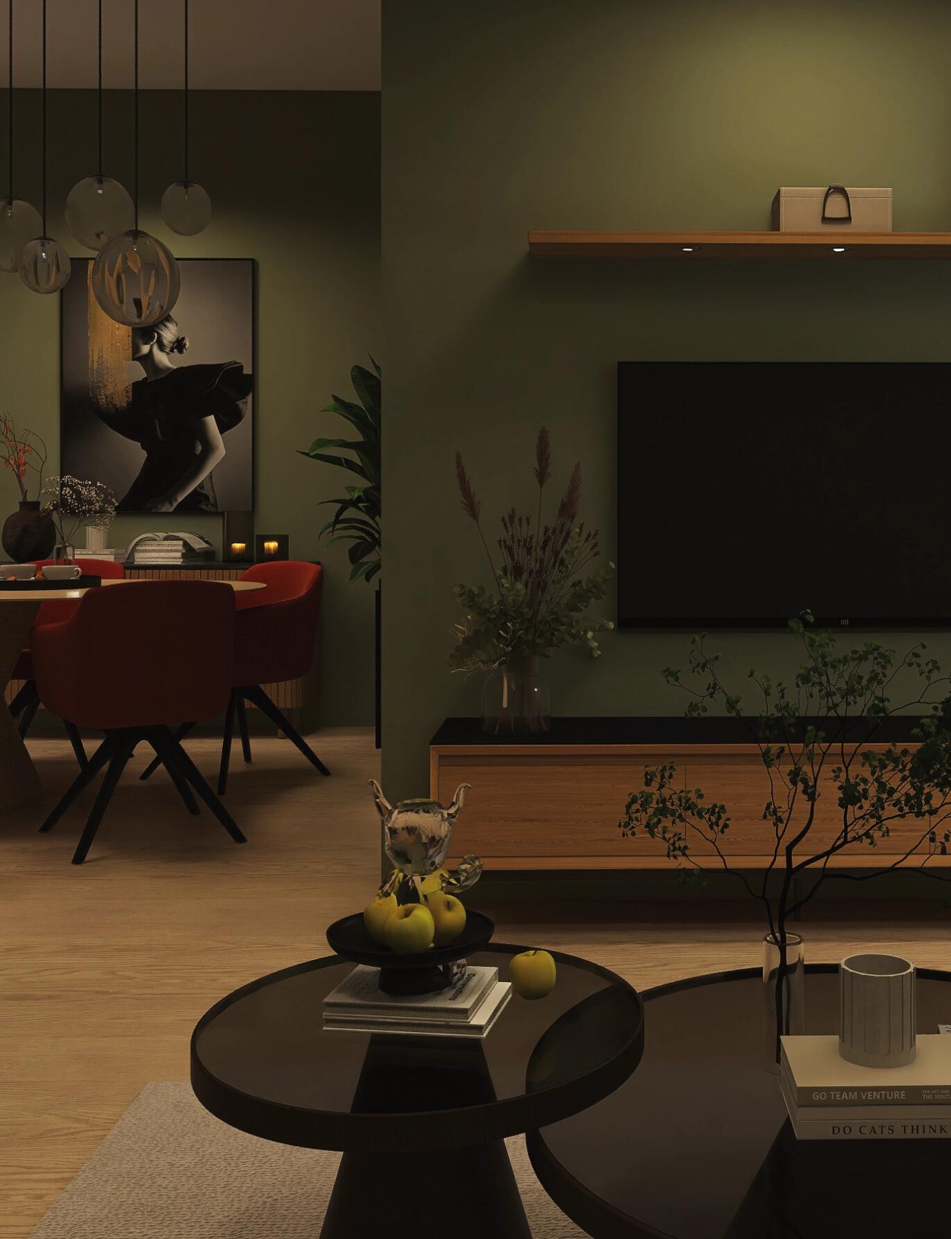 3D-Visualisierung eines modernen Wohn- und Essbereichs mit dunklen Grüntönen, Holzmöbeln und stilvollen Dekorationen.