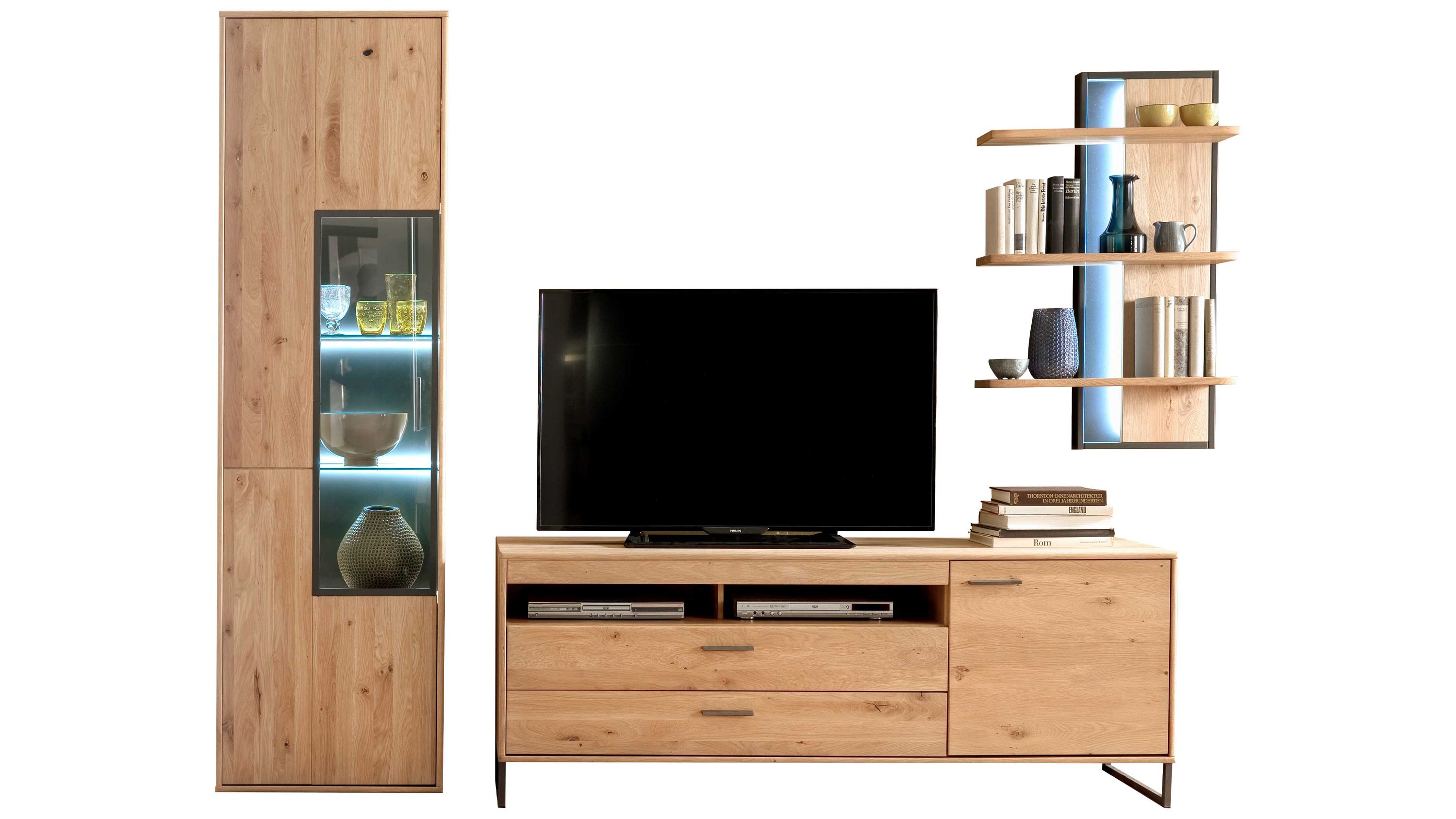 Dreiteilige Wohnwand mit hohem Vitrinenschrank TV-Board und Wandregal in heller Holzoptik und anthrazitfarbenen Akzenten
