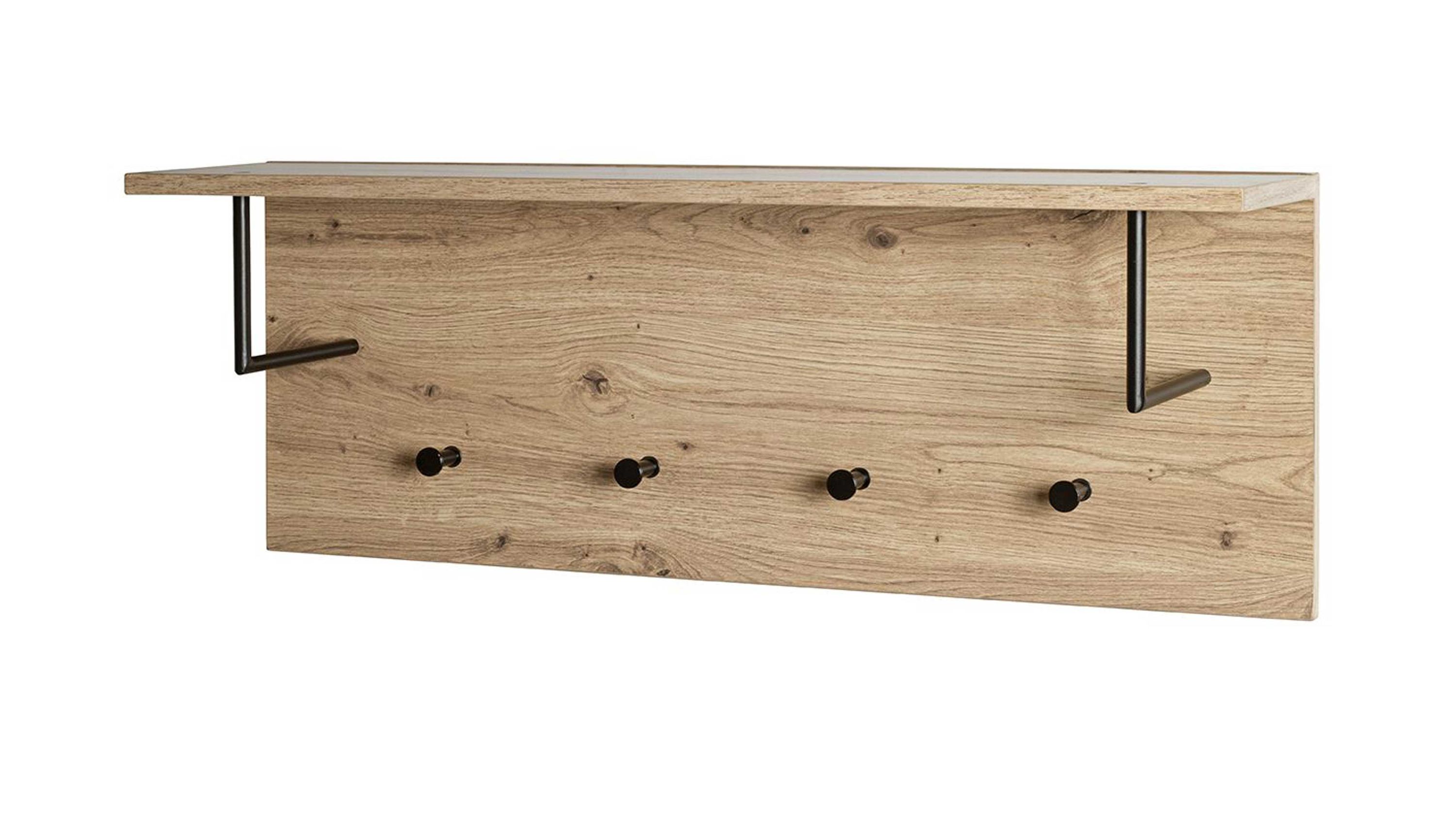 Wandgarderobe mit vier schwarzen Haken und Ablage aus hellem Holz mit sichtbarer Maserung