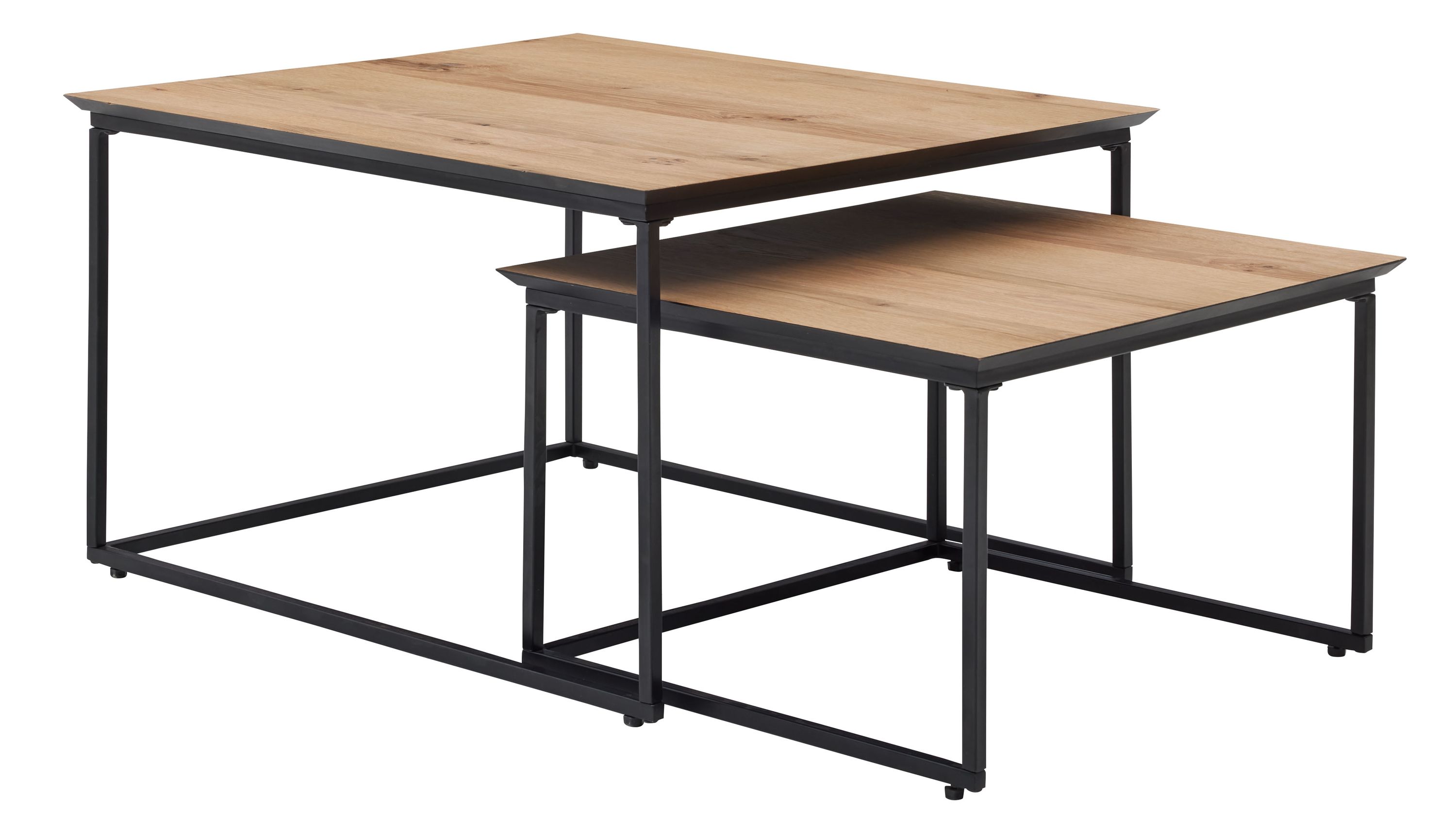 Zweiteiliges Couchtisch-Set mit quadratischen Tischplatten in Holzoptik und schwarzem Metallgestell