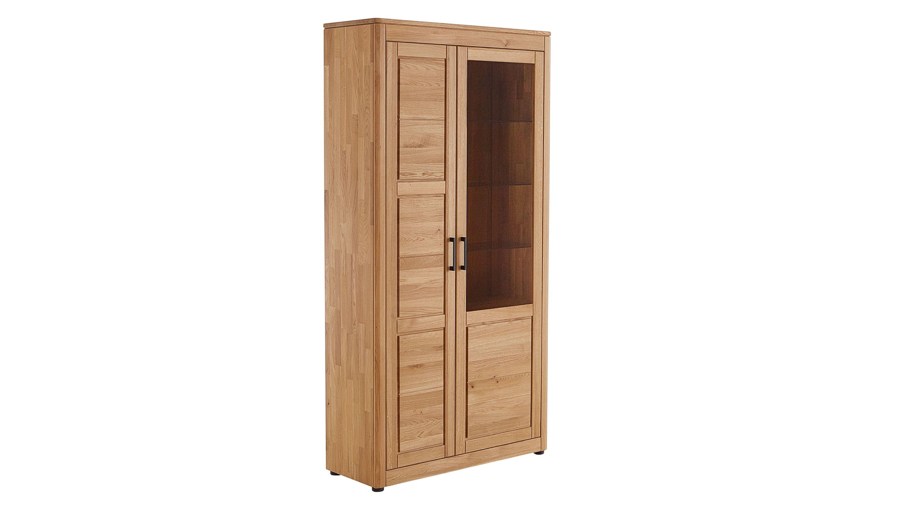 Vitrine mit Holztür und Glastür aus geöltem Holz Hohe Vitrine aus geöltem Holz mit einer Holztür und einer Glastür mit Griffen