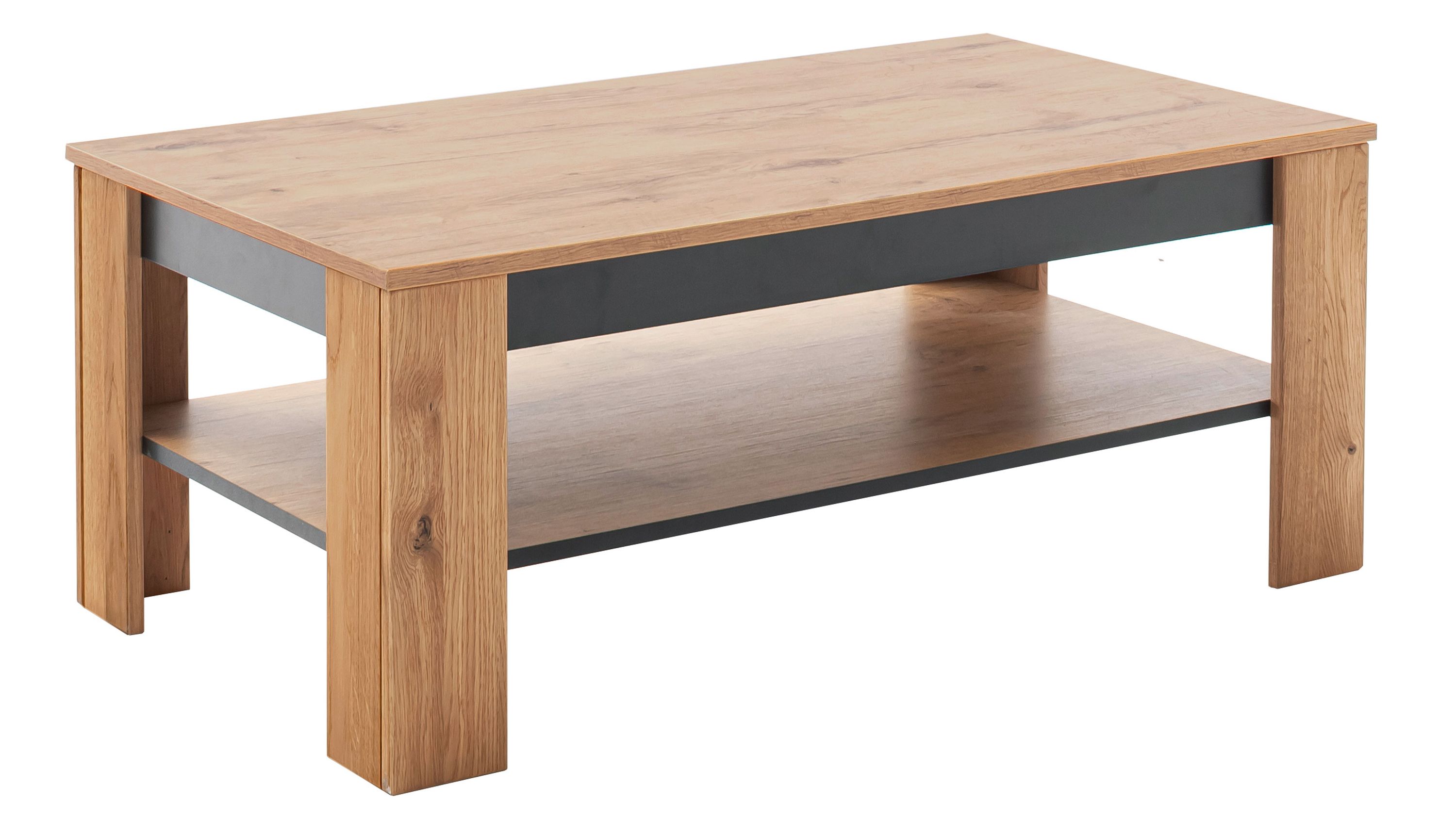 Rechteckiger Couchtisch mit einer Ablage Holzoptik hellbraun und schwarze Akzente