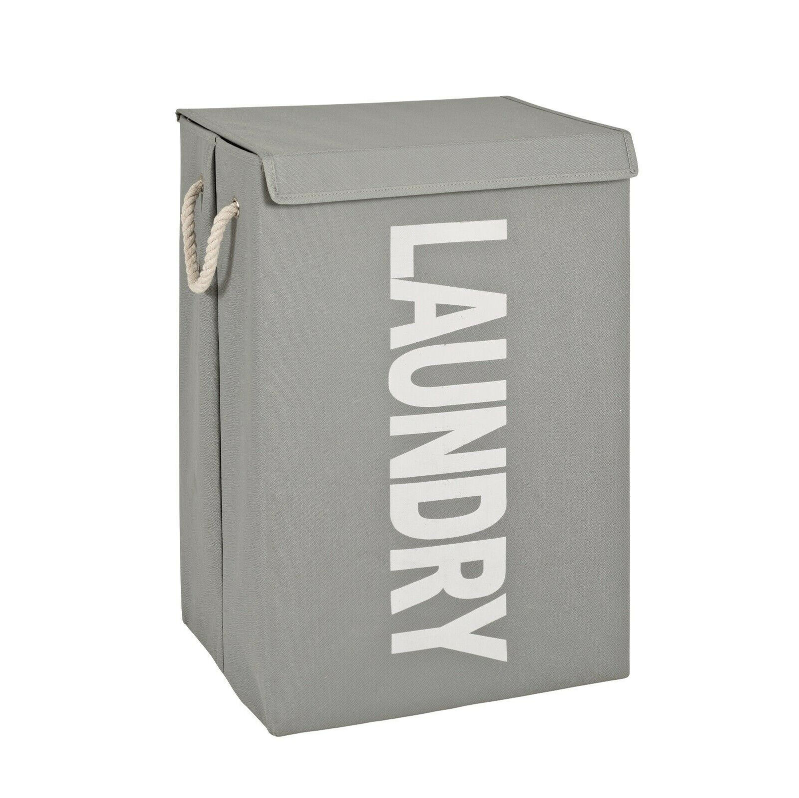 Grauer Wäschekorb mit Aufschrift Grauer Wäschekorb mit weißem, vertikalem „LAUNDRY“-Schriftzug auf der Vorderseite, frontal fotografiert.