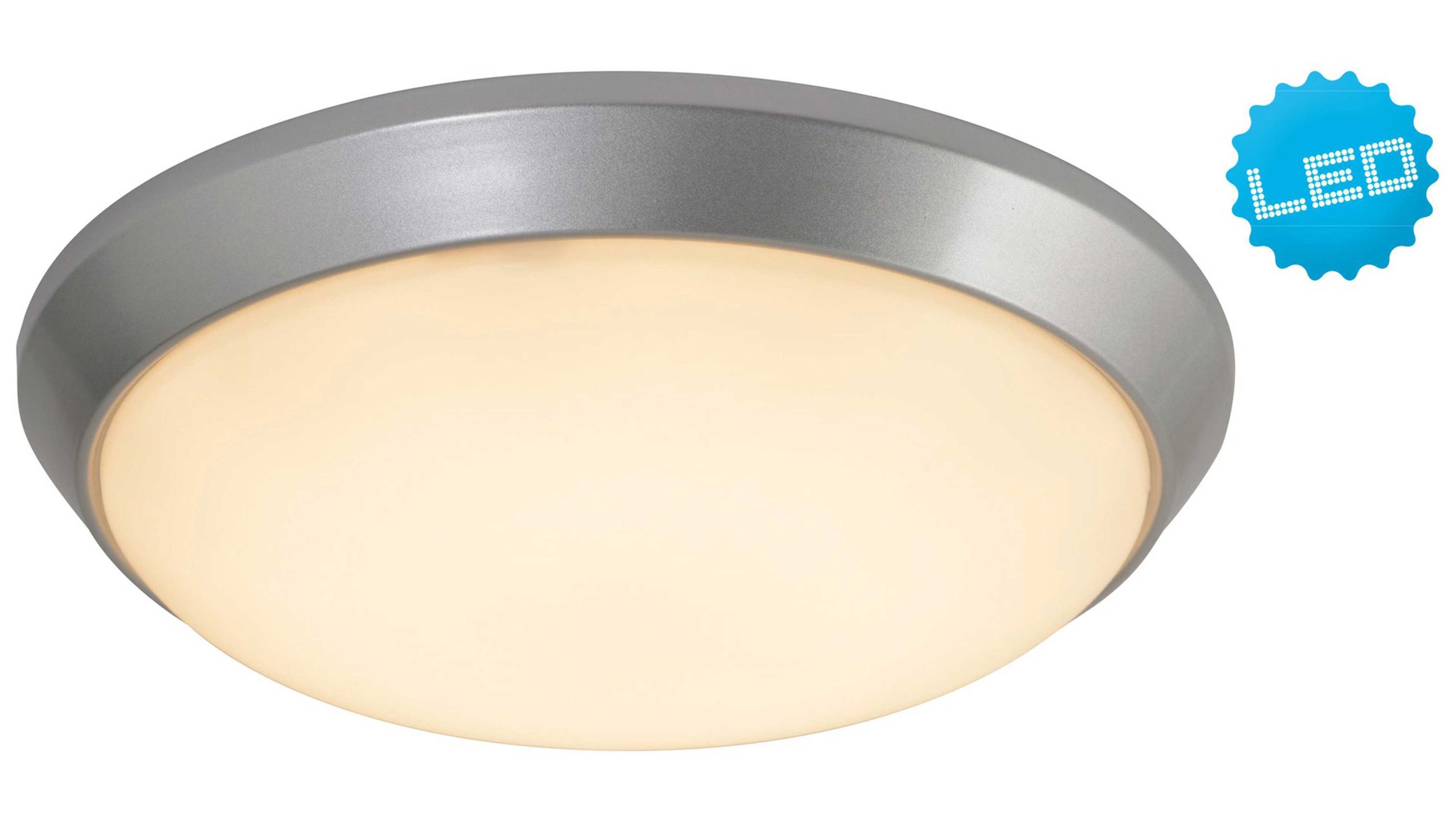 Runde LED-Deckenleuchte mit silberfarbenem Rand Runde Deckenleuchte mit silberfarbenem Rand und opalweißem Leuchtmittel