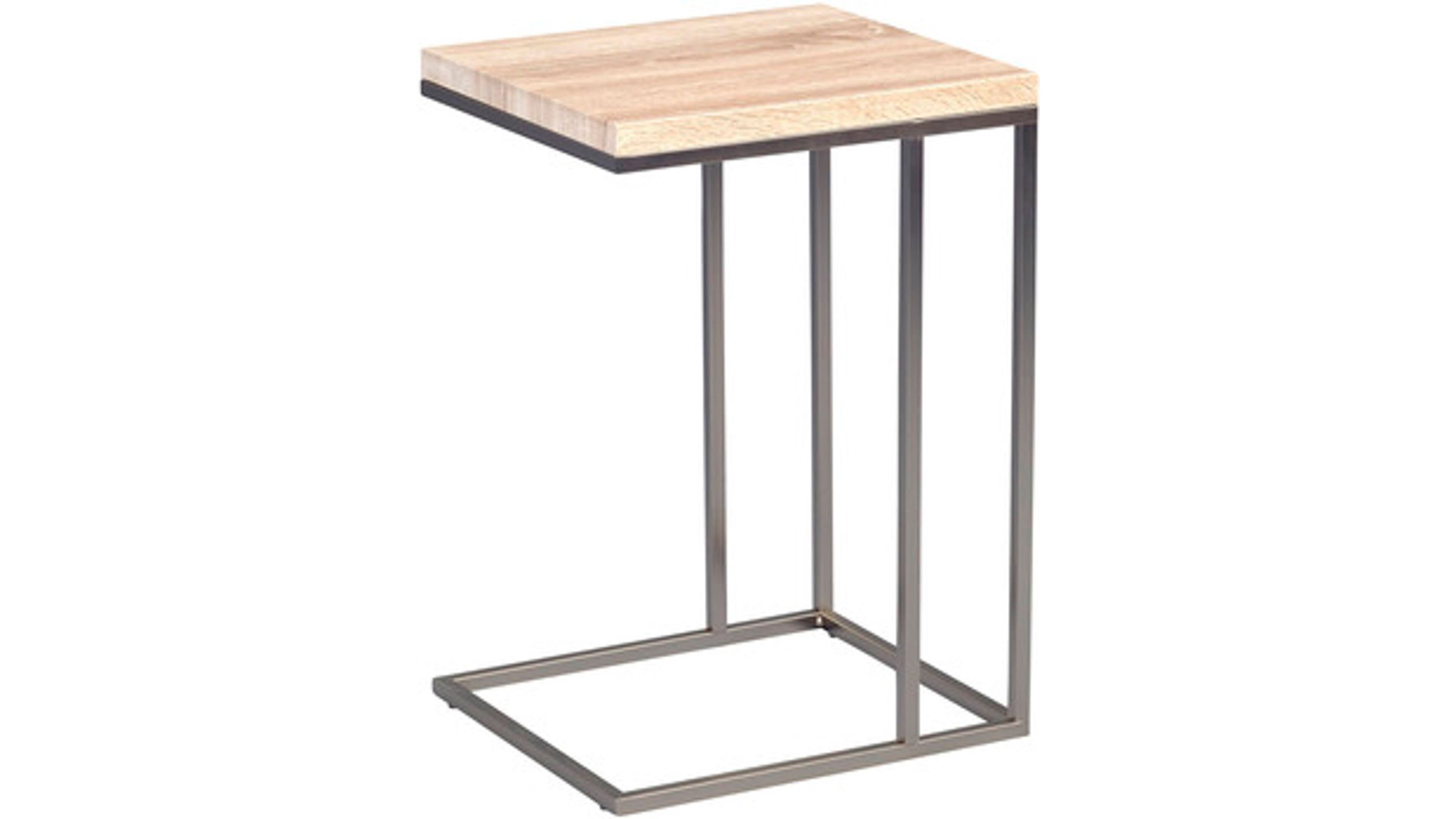 Beistelltisch mit quadratischer hellbrauner Tischplatte und silberfarbenem Metallgestell