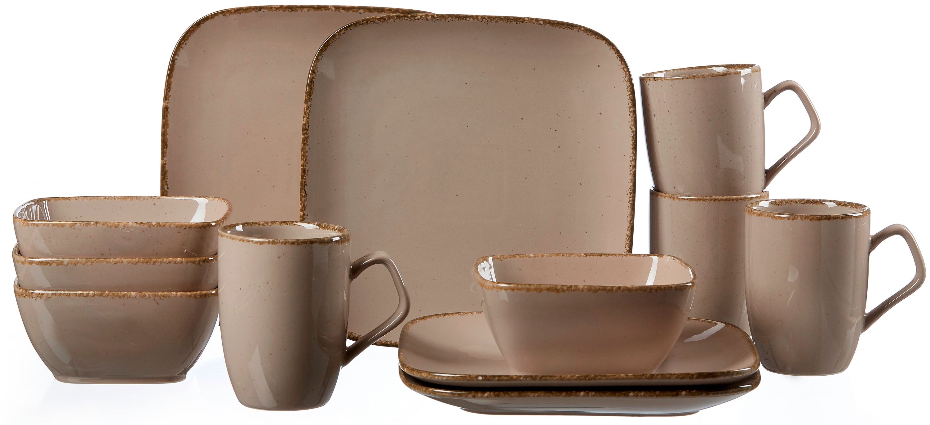 Graues Porzellan-Brunch-Set mit Tellern Tassen und Schalen Graues Porzellan-Brunch-Set mit rechteckigen Tellern Tassen mit Griffen und Schalen mit braunem Rand