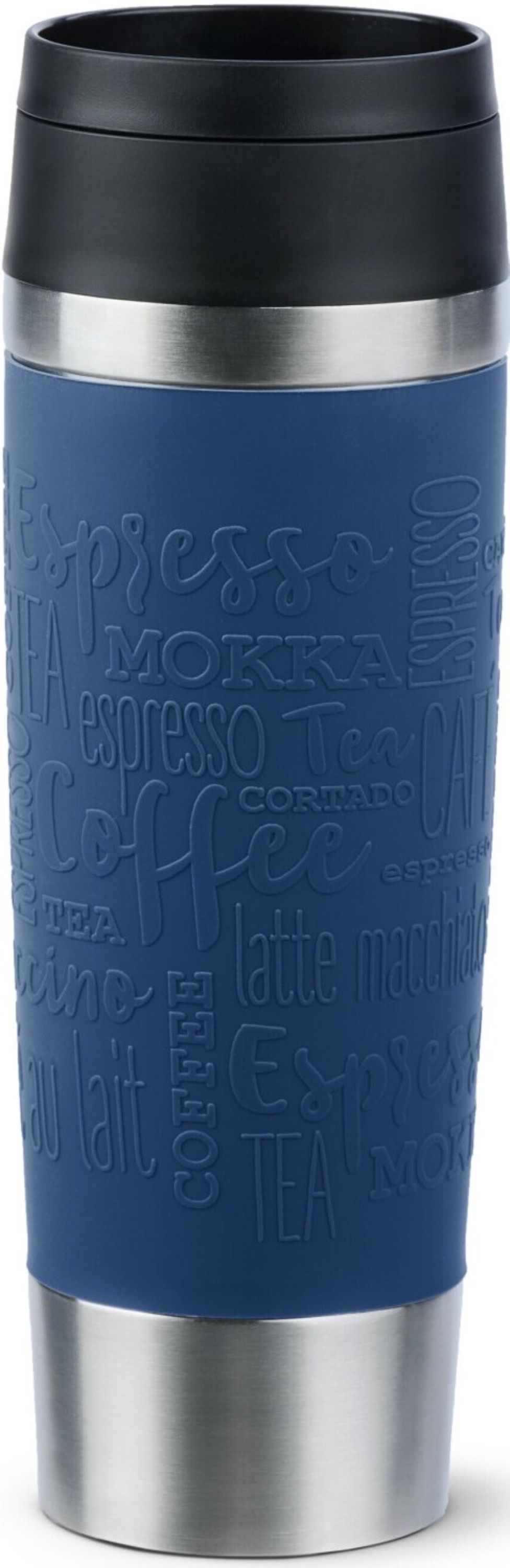 Dunkelblauer Thermobecher mit Edelstahl – stilvoller Becher mit Kaffeeprägung und schwarzem Deckel Frontalansicht eines Thermobechers mit blauem Griff Edelstahlakzenten und Komfort-Verschluss aus Augenhöhe aufgenommen
