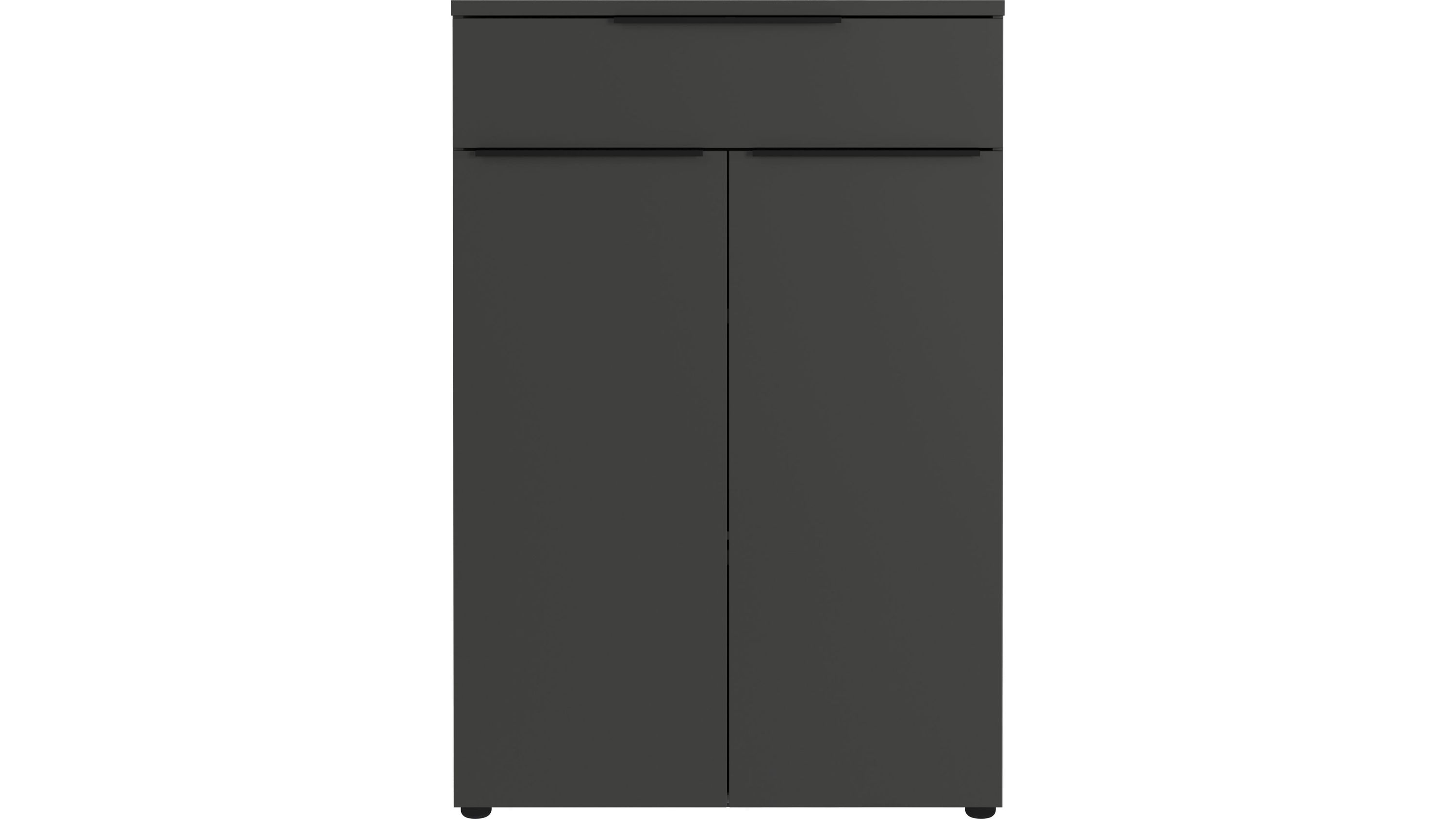 Schmaler Aktenschrank mit zwei Türen und einer Schublade in dunkler Graphitfarbe