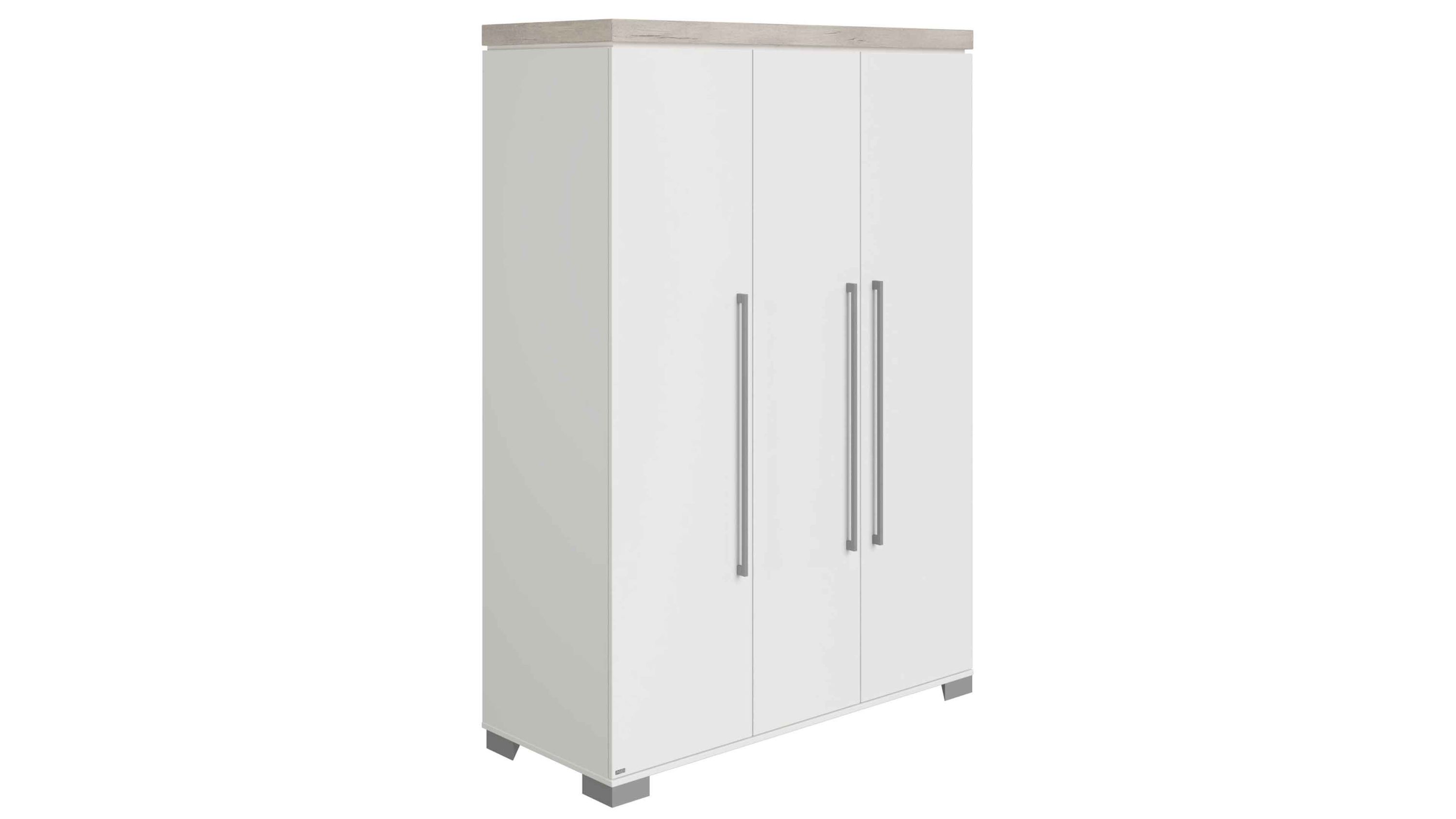 Drehtüriger Kleiderschrank in Weiß mit Holzdekor Drehtüriger Kleiderschrank mit weiß lackierten Türen und hellem Holzdekor oben und an den Seiten