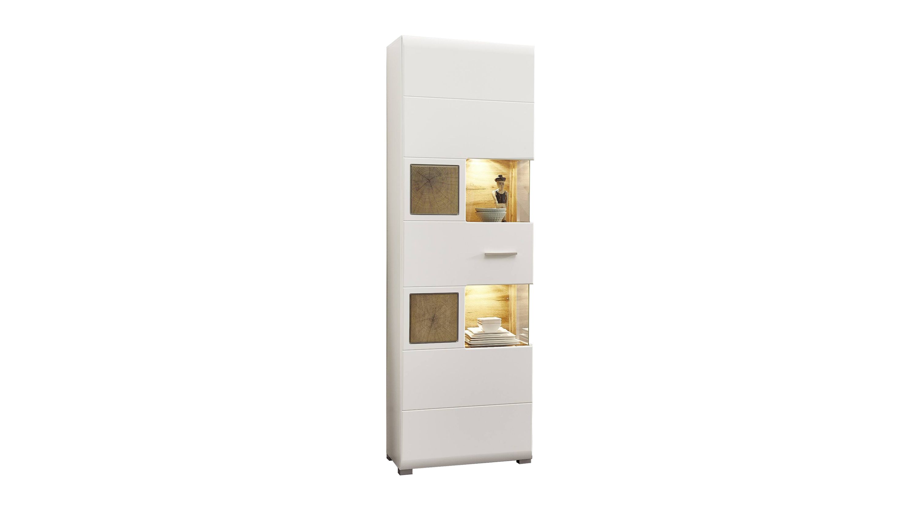 Schmaler Vitrinenschrank mit einer Tür in mattweiß und Holzdekor mit Glaseinsätzen und Beleuchtung