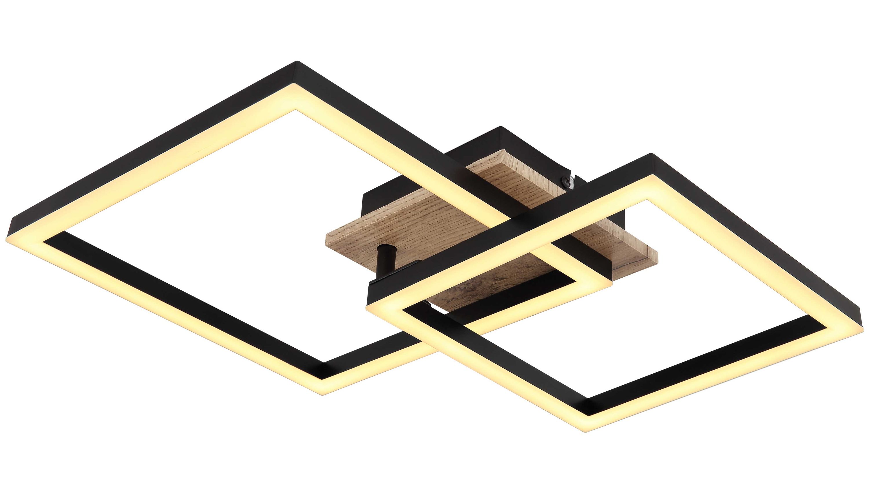 Deckenlampe mit zwei schwarzen quadratischen Rahmen und Holzplatte Deckenlampe mit zwei leuchtenden schwarzen quadratischen Rahmen und Holzplatte in der Mitte