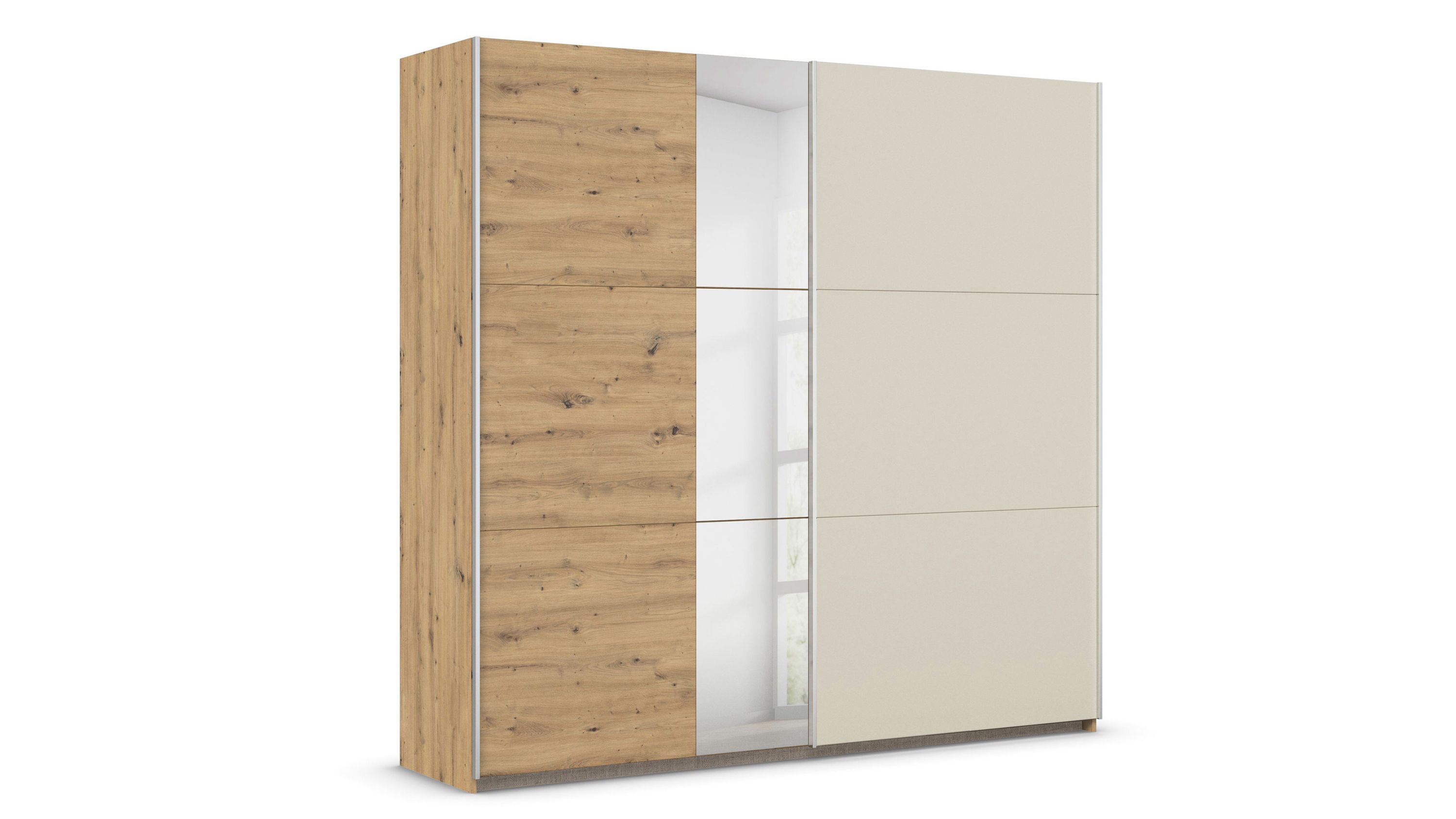 Schwebetürenschrank mit drei Türen links holzfarben mittig mit Spiegel rechts beige
