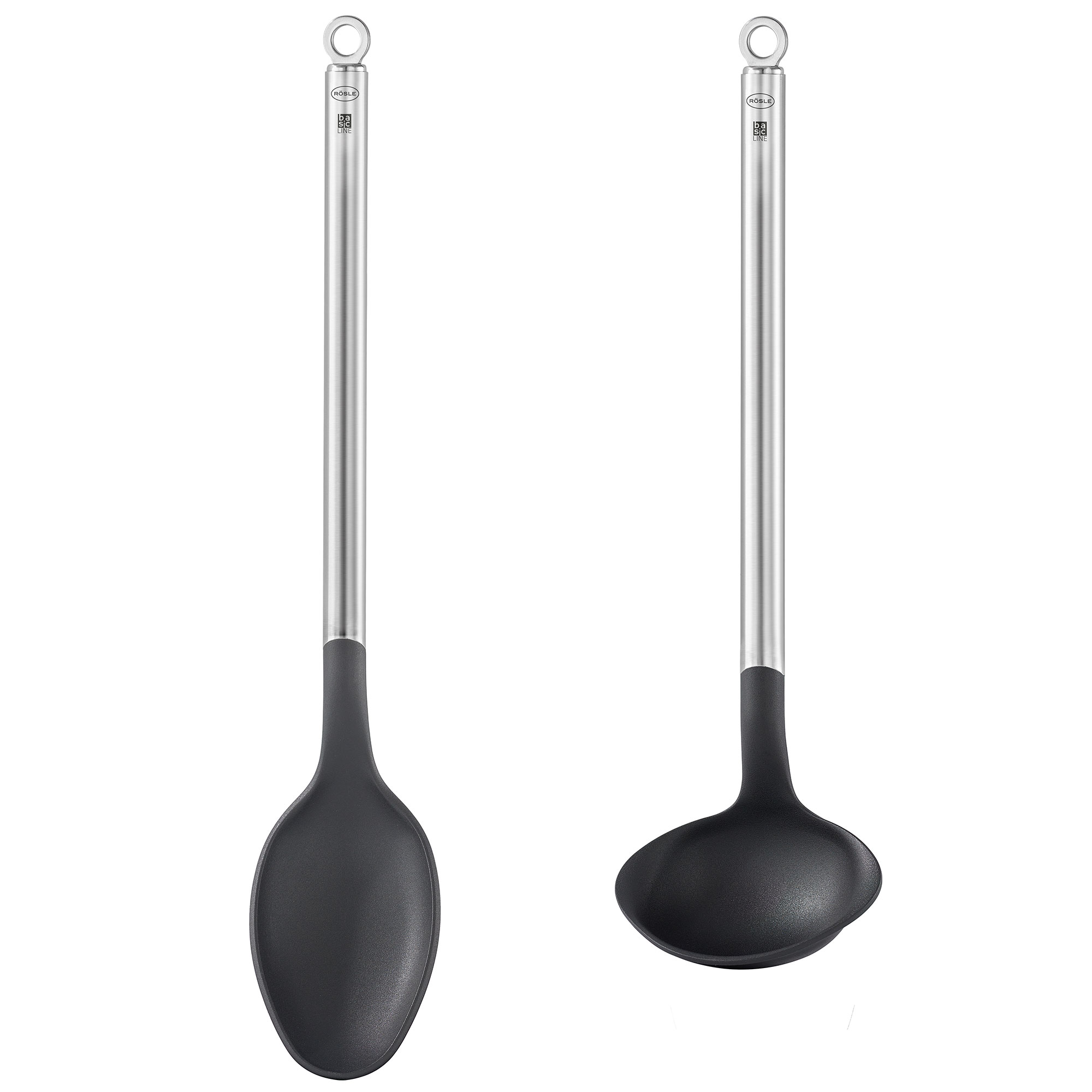 Küchenutensilien-Set mit Soßen- und Schöpflöffel schwarze Köpfe Edelstahlgriffe frontal aufgenommen