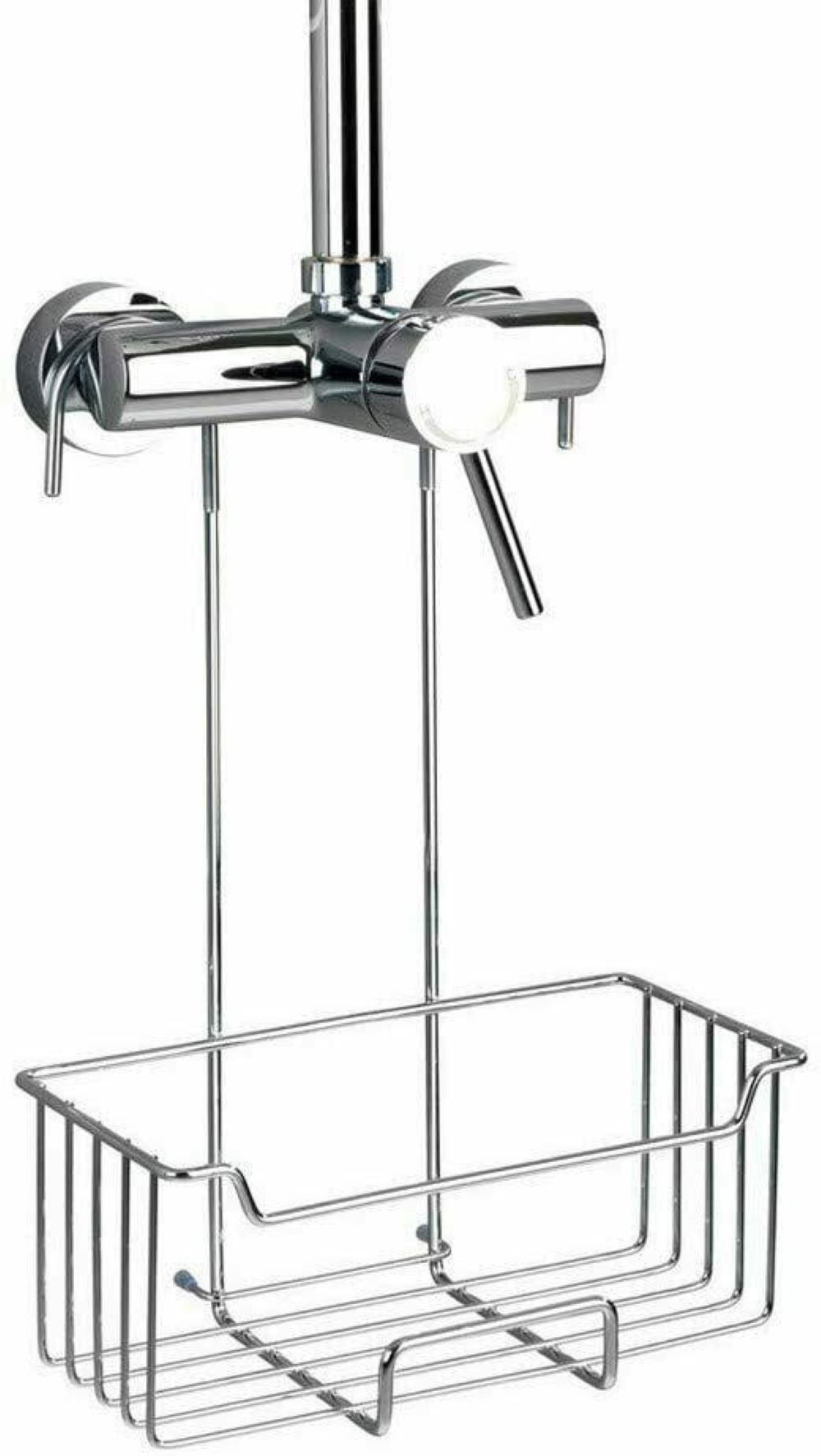 Chrom-Duschkorb mit Drahtablage Chrom-Duschkorb mit Drahtablage, hängt am Duschkopf mit Einhebelmischer, zur Aufbewahrung von Pflegeprodukten.