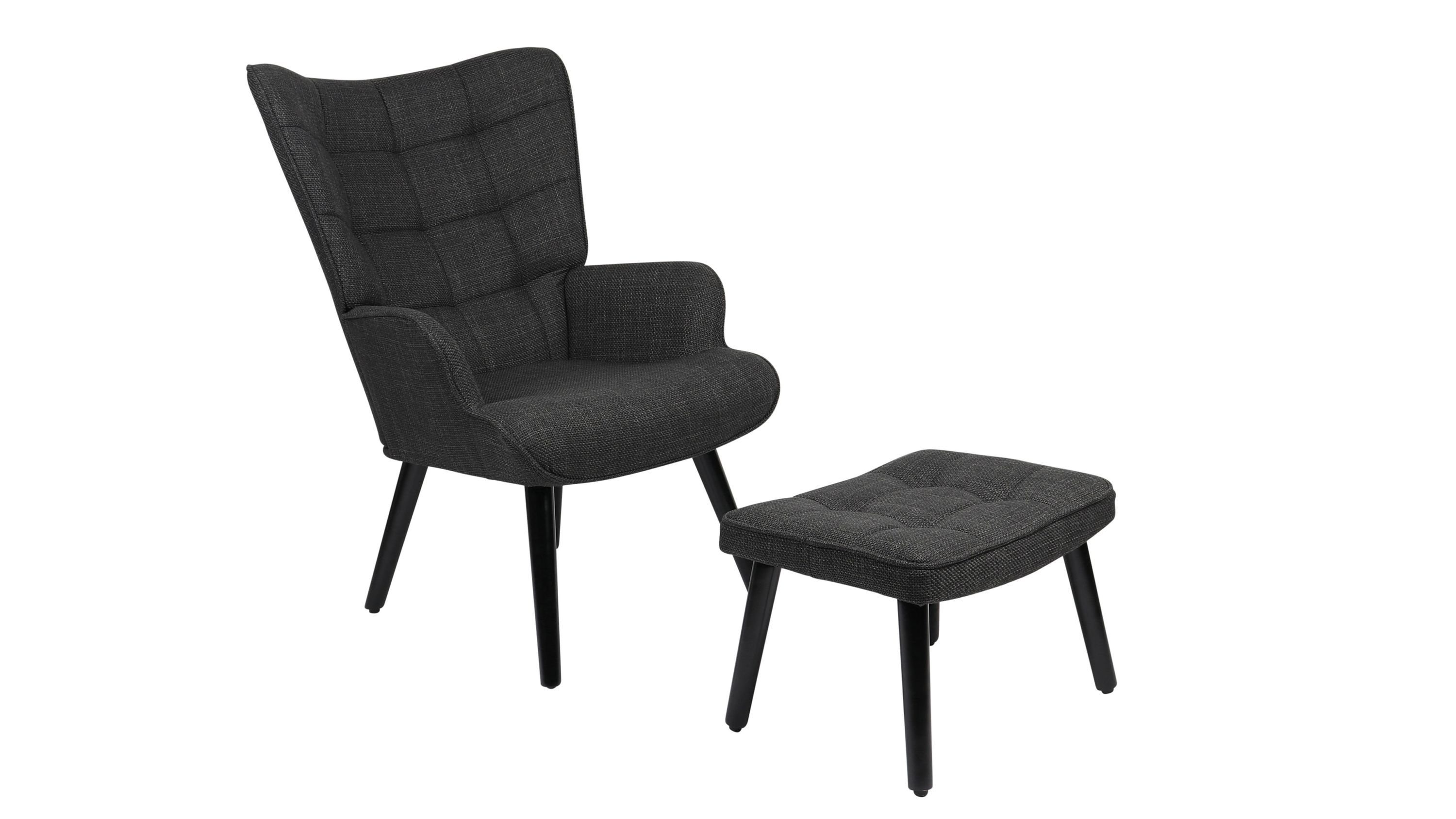 Sessel mit Hocker in Anthrazit und schwarzem Holzgestell Anthrazitfarbener Sessel mit hoher Rückenlehne und gepolstertem Hocker beide mit schwarzem Holzgestell
