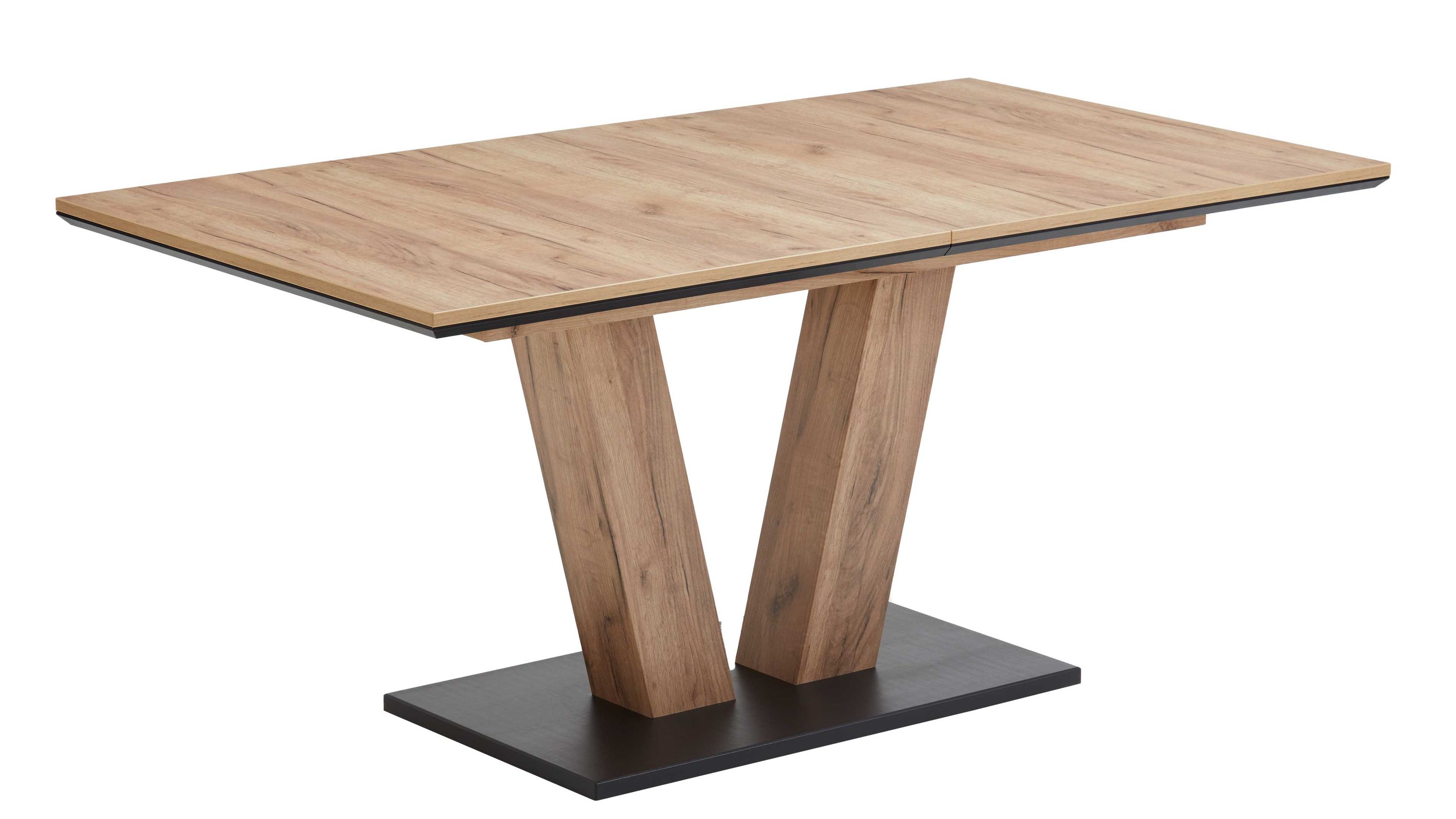 Auszugtisch mit Holzplatte und schrägen Beinen Auszugtisch mit rechteckiger Platte in Holzoptik und zwei schrägen Holzbeinen auf schwarzer rechteckiger Basis