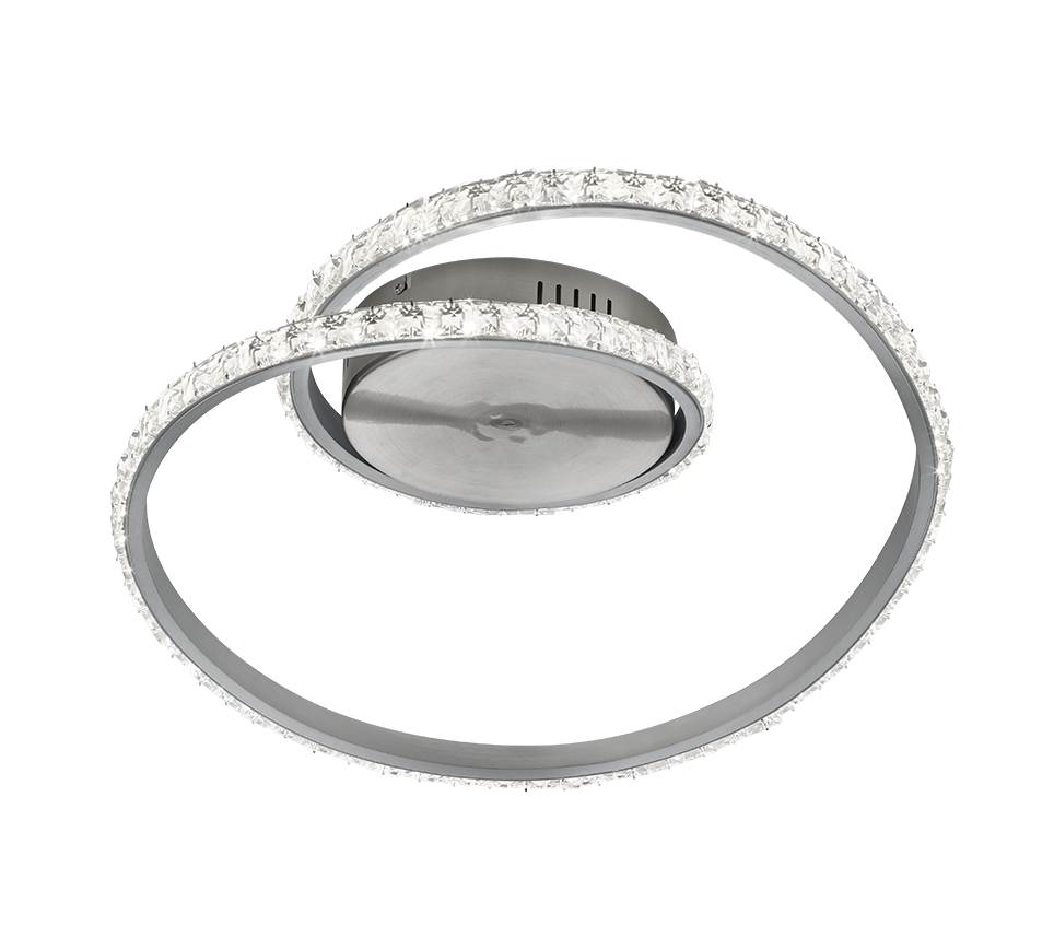 Moderne Deckenleuchte mit spiralförmigem LED-Design und Farbwechsel-Funktion; von unten leicht nach oben fotografiert