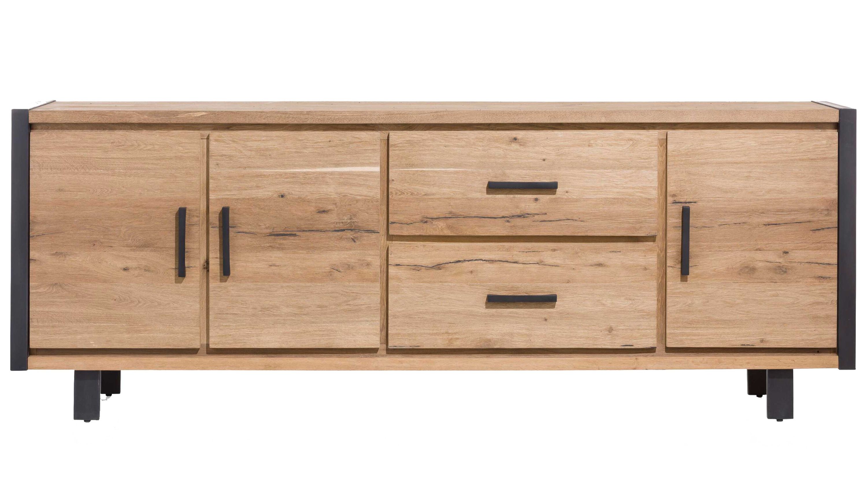 Sideboard mit drei Türen und zwei Schubladen in brauner Holzoptik mit schwarzen Griffen und Füßen