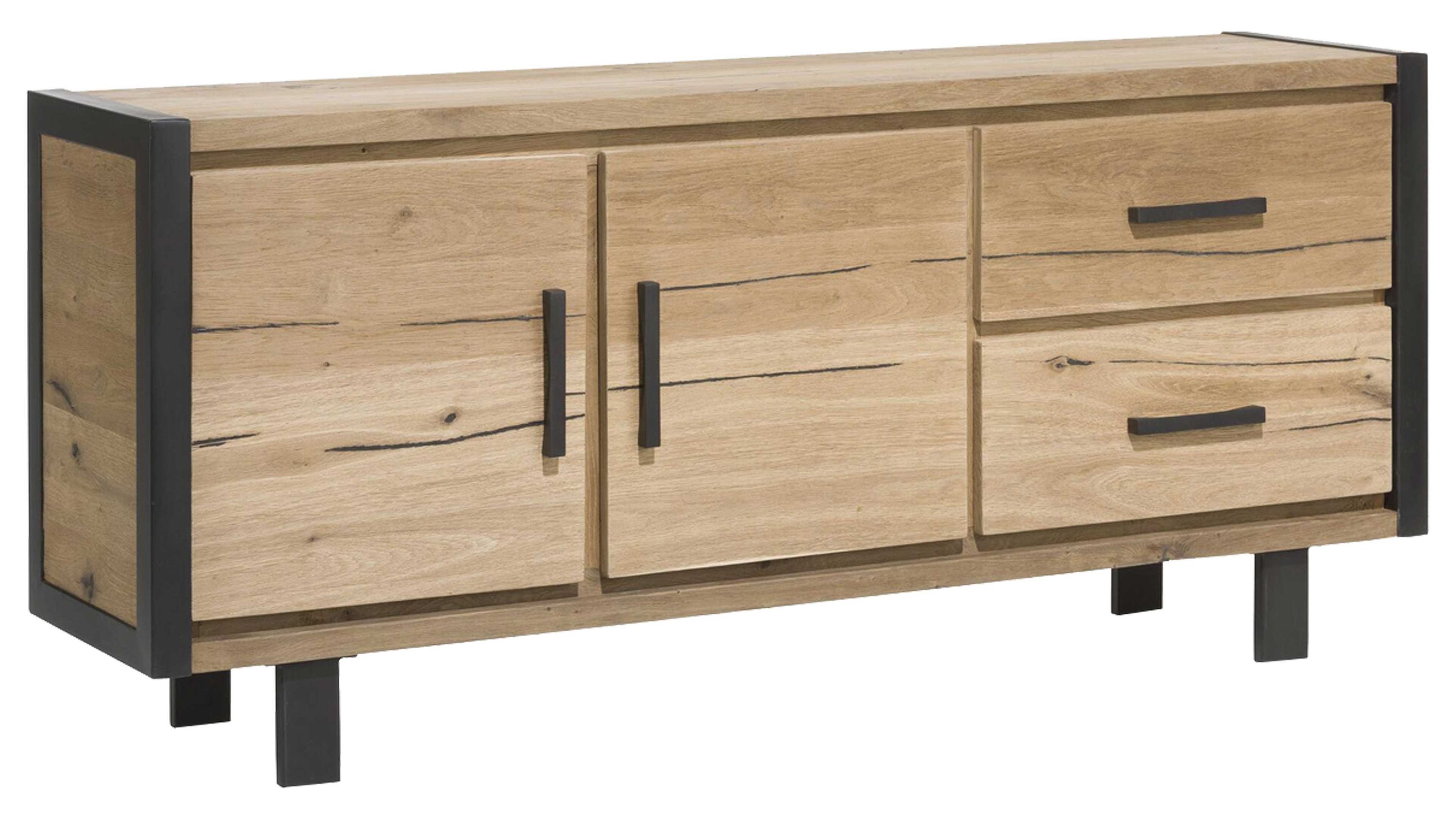 Sideboard mit zwei Türen und zwei Schubladen in brauner Holzoptik mit schwarzen Griffen und Füßen