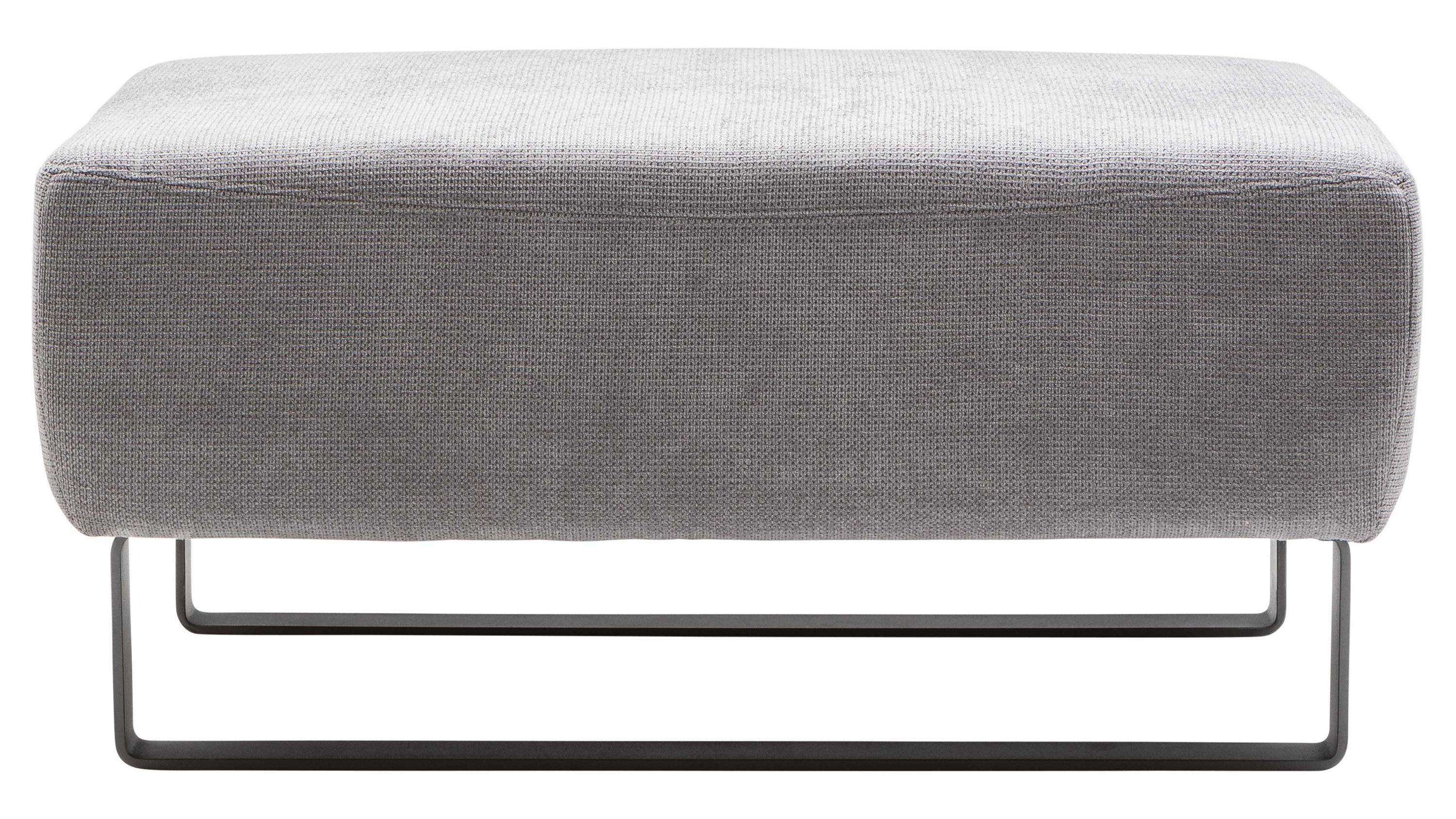 Rechteckiger Hocker mit steinfarbenem Stoffbezug und schwarzem Metallgestell