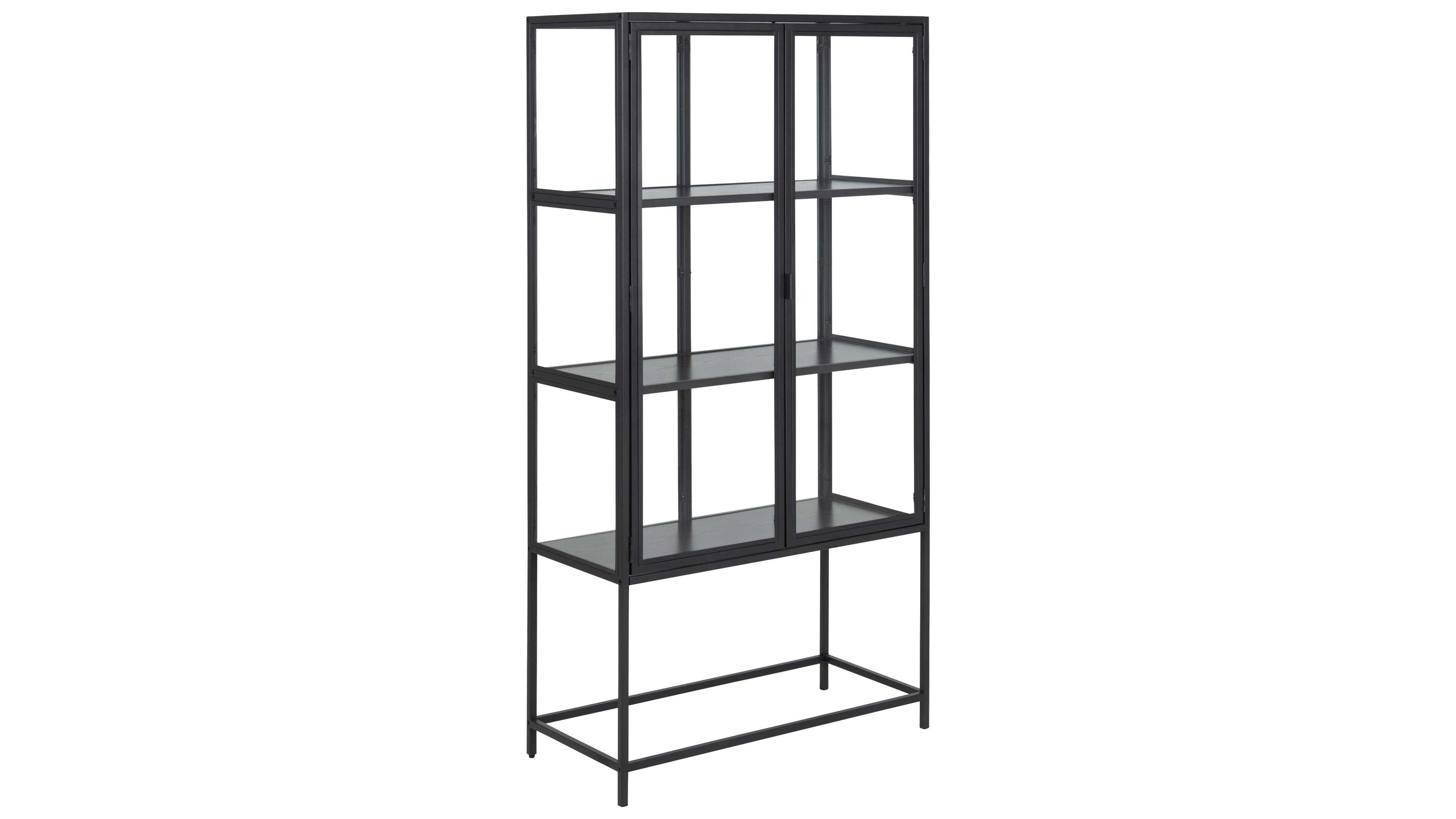 Vitrine mit zwei Glastüren und Metallgestell Schwarze Vitrine mit zwei Glastüren und drei Regalböden auf Metallgestell