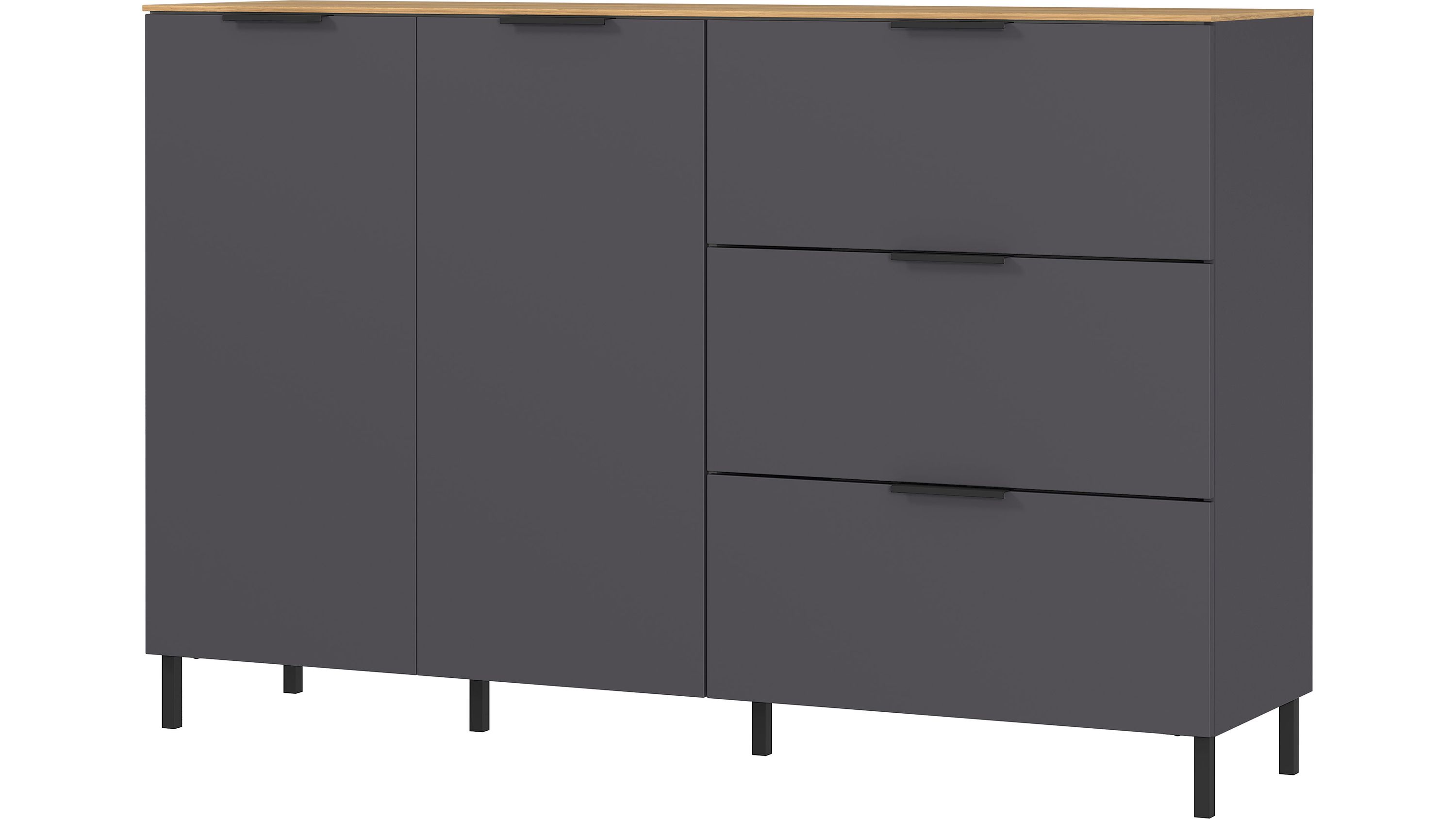 Sideboard mit drei Türen und zwei Schubladen in dunklem Grau und Holzfarbener Ablagefläche