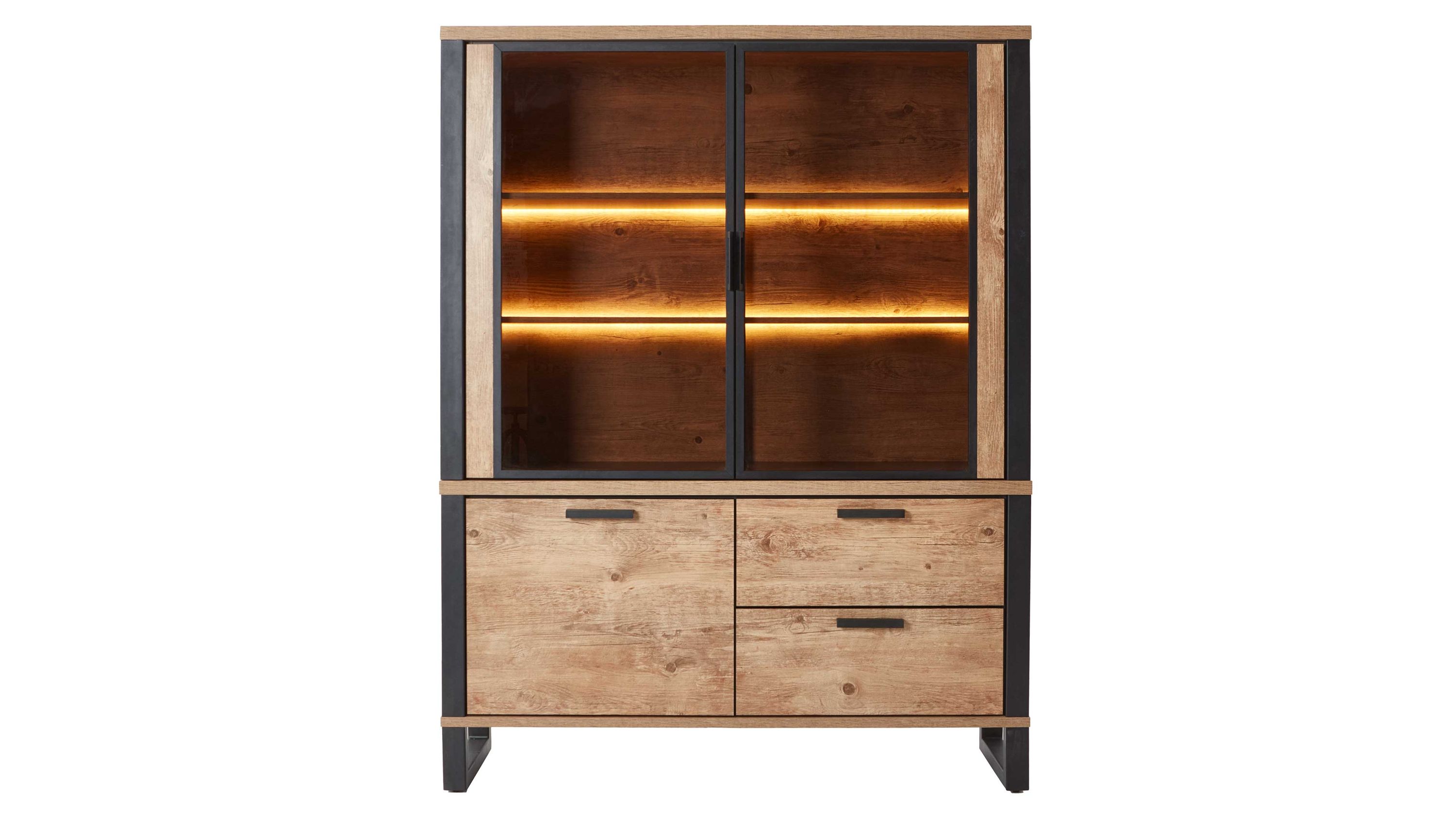 Buffet mit Holzoptik und schwarzen Akzenten Buffet mit drei Türen und zwei Schubladen in Holzoptik und schwarzen Akzenten mit beleuchteten Glasfronten