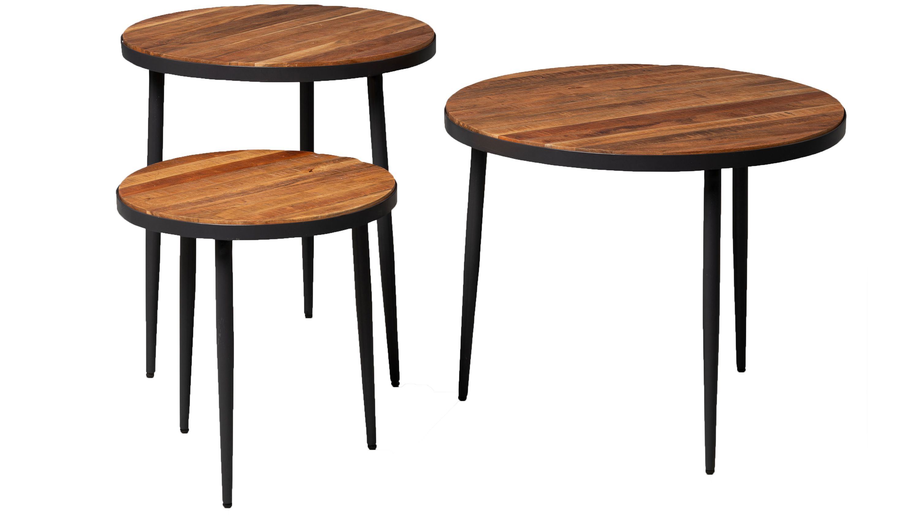 Dreiteiliges Couchtisch-Set mit runden Tischplatten in Holzoptik und schwarzen schlanken Beinen