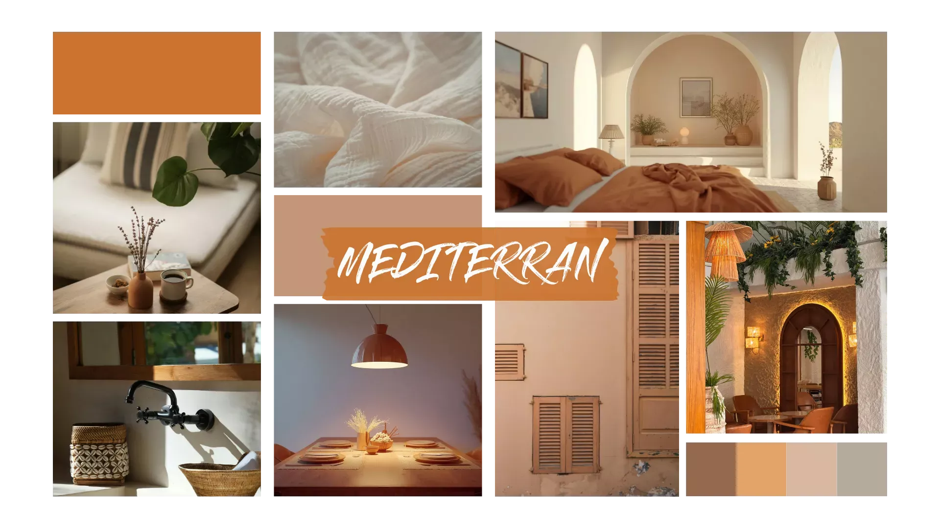 Collage im mediterranen Stil mit terrakottafarbenem Schlafzimmer, hellen Bögen, Holzelementen, gedecktem Esstisch, Pflanzen und warmen Beigetönen sowie Naturmaterialien