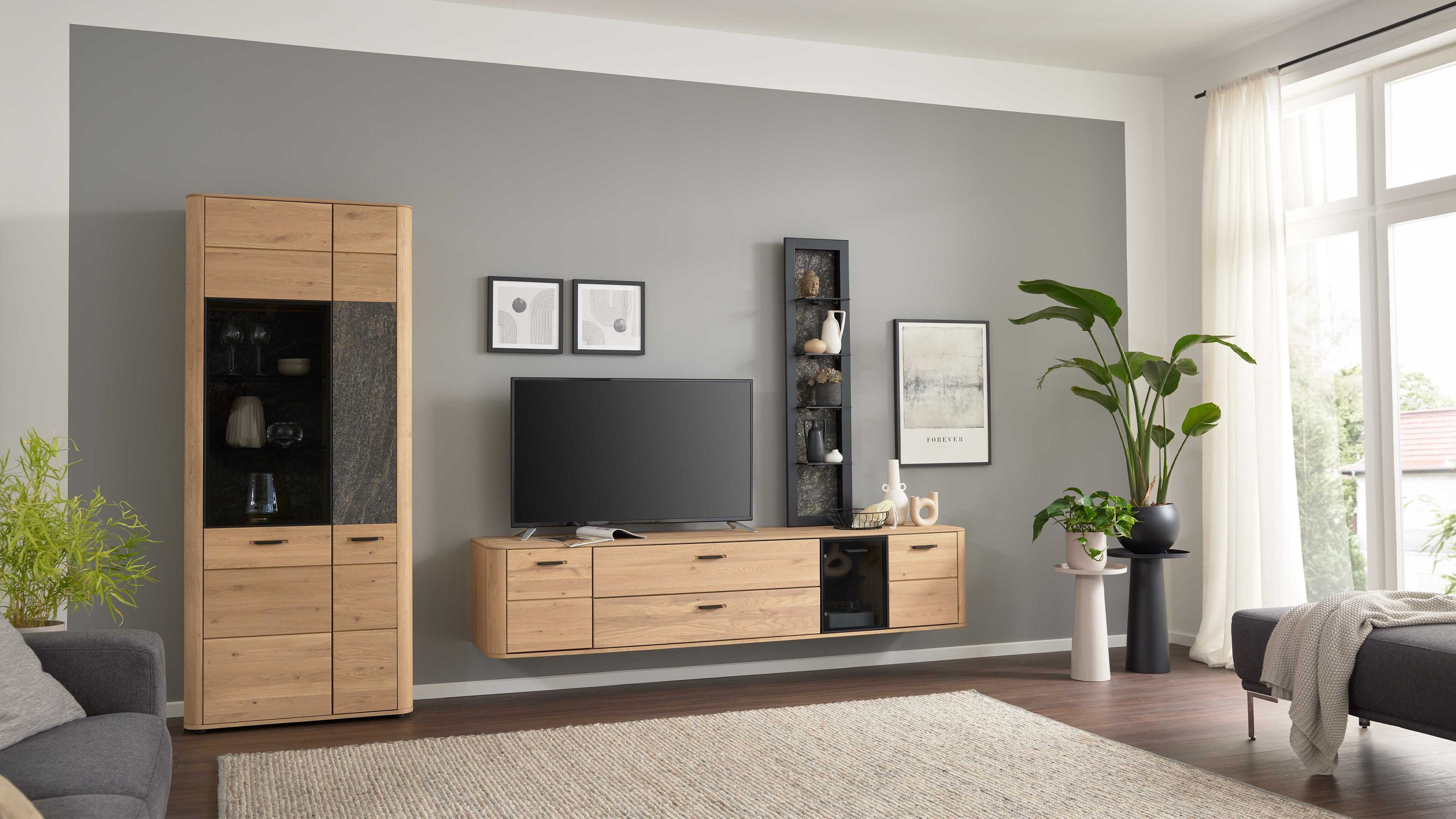 Interliving Wohnzimmer Serie 2029 - Wohnwand 81 Wildeiche & Granit-Steinoptik - dreiteilig, Breite ca. 320 cm