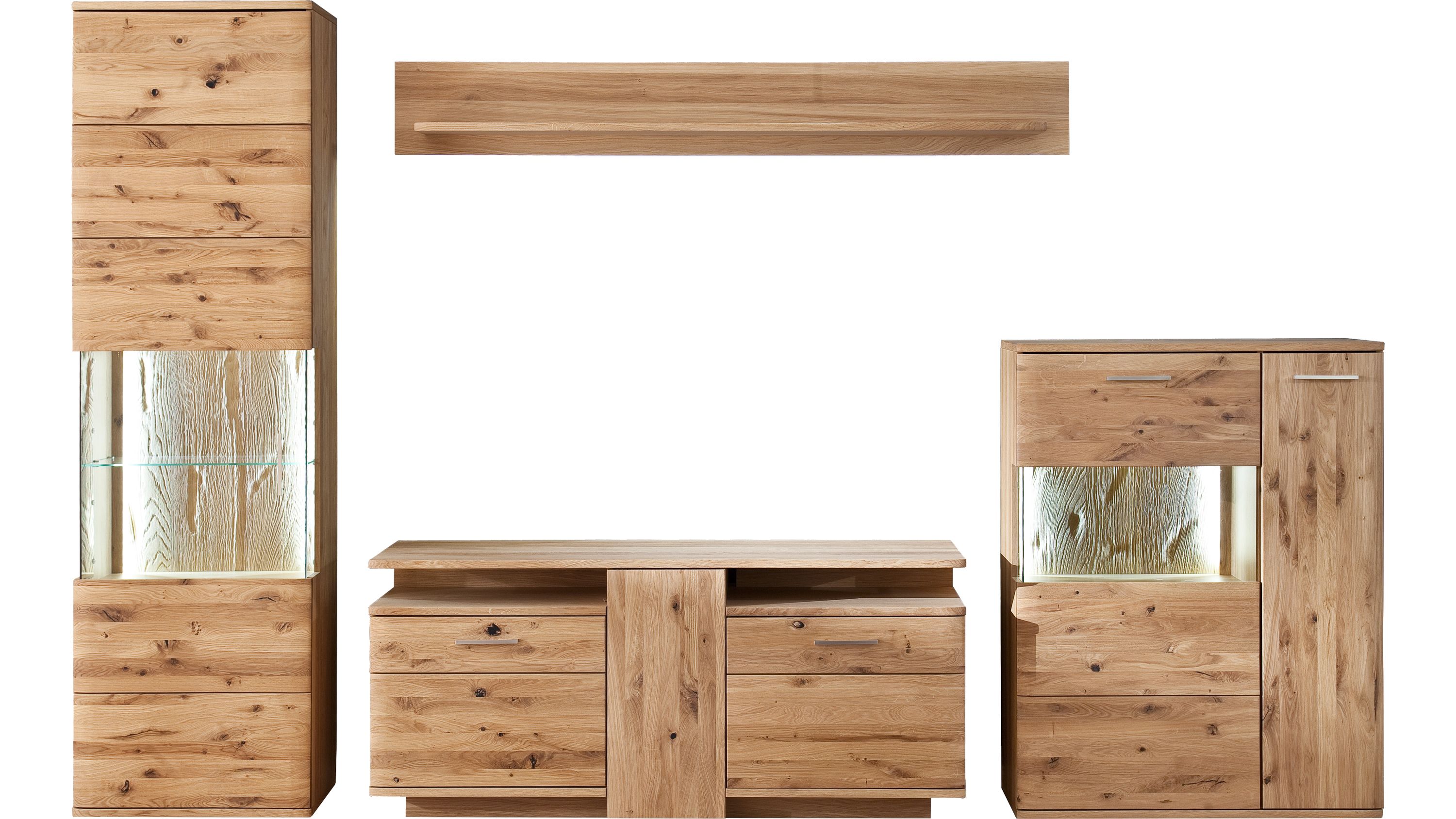 Vierteilige Wohnwand aus Holz mit Glasvitrine Vierteilige Wohnwand aus Holz mit Schränken Regalen und Glasvitrine in natürlicher Holzfarbe