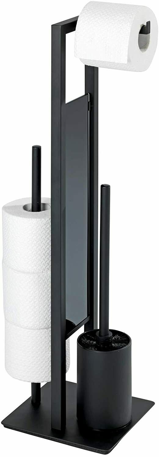 Freistehender Toilettenpapierhalter mit Bürste Frontalansicht eines schwarzen Toilettenpapierhalters mit Bürste und Platz für vier Rollen, davon drei als Vorrat.