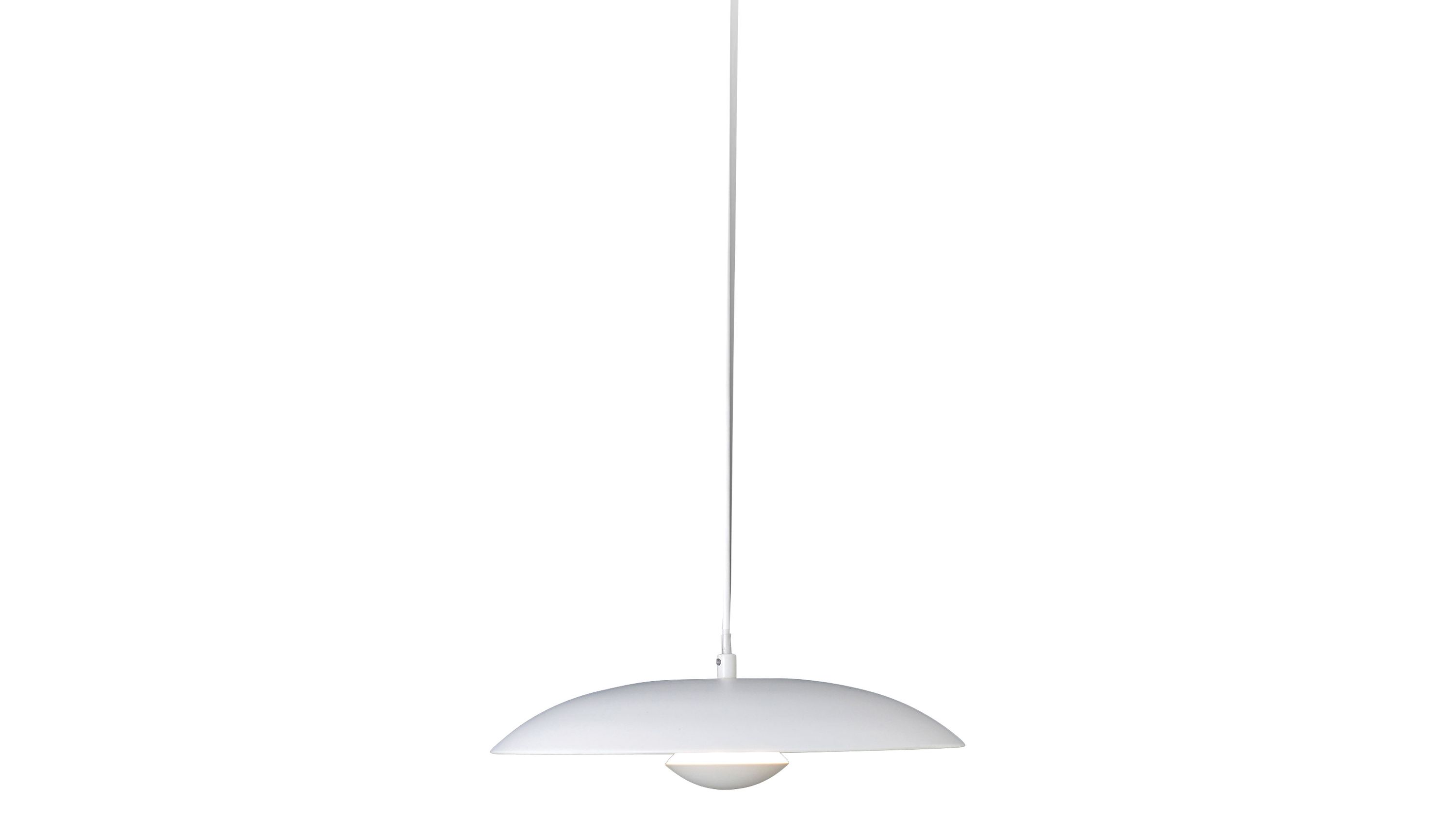 Runde weiße Hängelampe mit flacher Schirmform und LED-Leuchte
