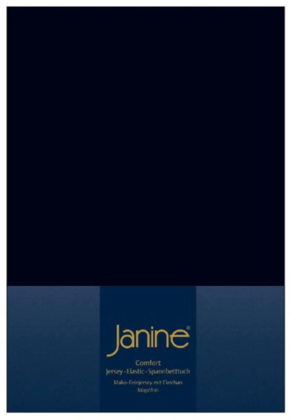 Verpackung des Janine Spannbetttuchs in Schwarz-Dunkelblau  frontal fotografiert  mit Größen- und Materialangaben sichtbar