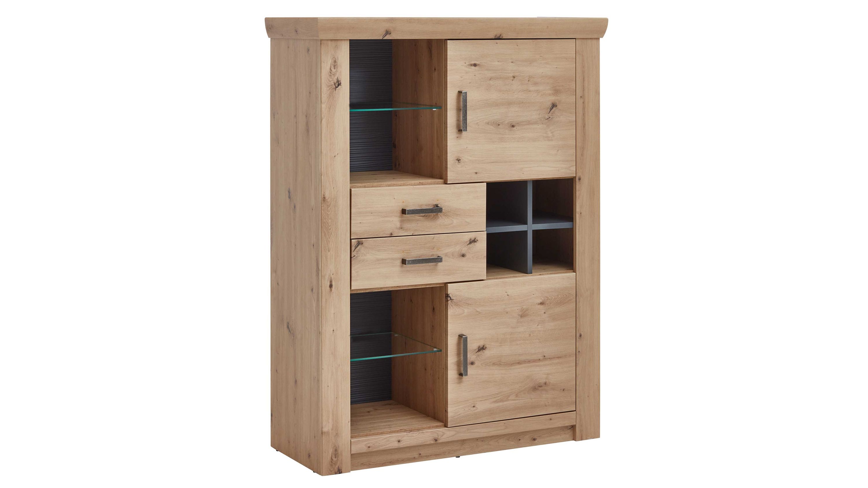 Highboard mit Türen Schubladen und offenen Fächern in Balkeneiche und Anthrazit Hochschrank mit zwei Türen zwei Schubladen offenen Fächern und Glasböden in hellbraun und anthrazit