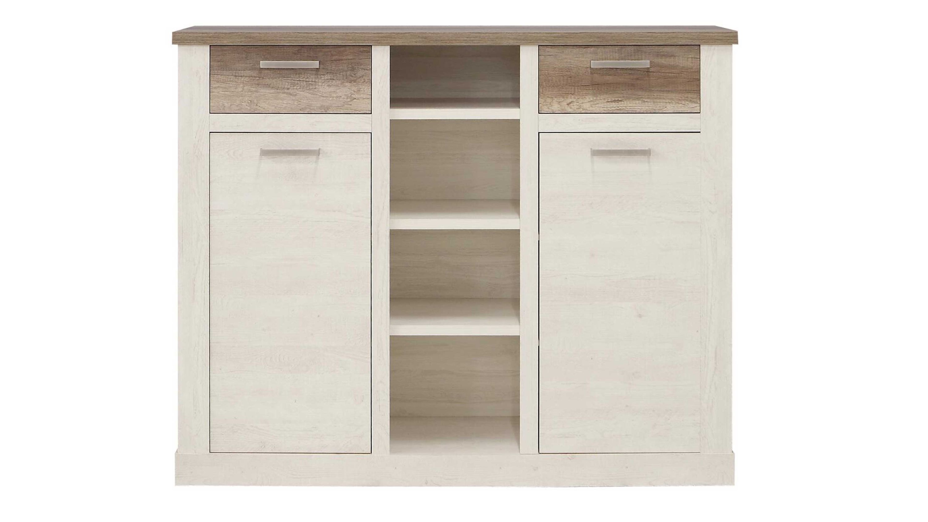 Highboard mit Türen Schubladen und offenen Fächern in Weiß und Braun Hochboard mit zwei Türen zwei Schubladen und drei offenen Fächern in weiß und braun