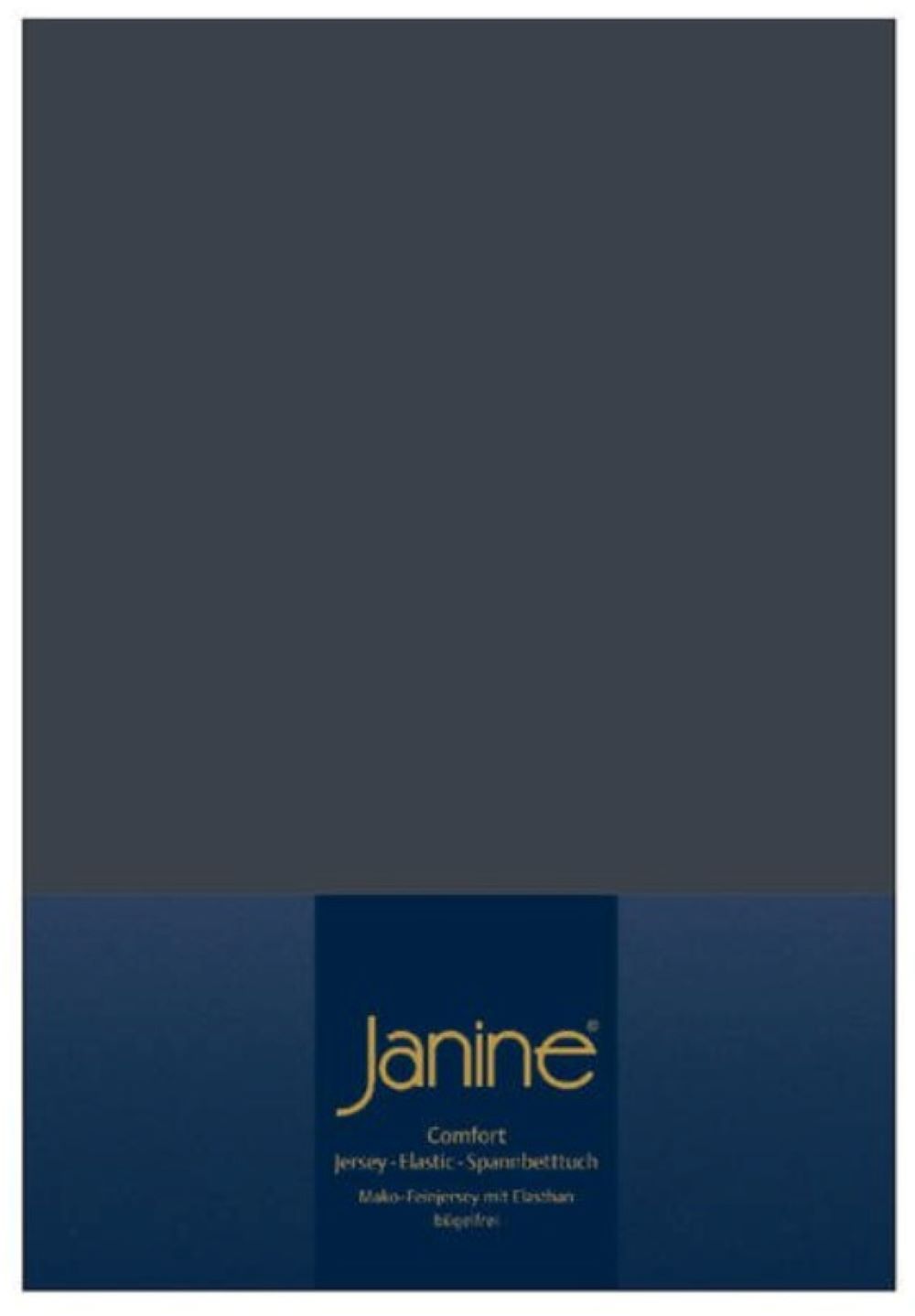 Dunkelgraues Janine Jersey-Elastik-Spannbettlaken, Verpackung mit Janine-Logo und blauer Banderole frontal