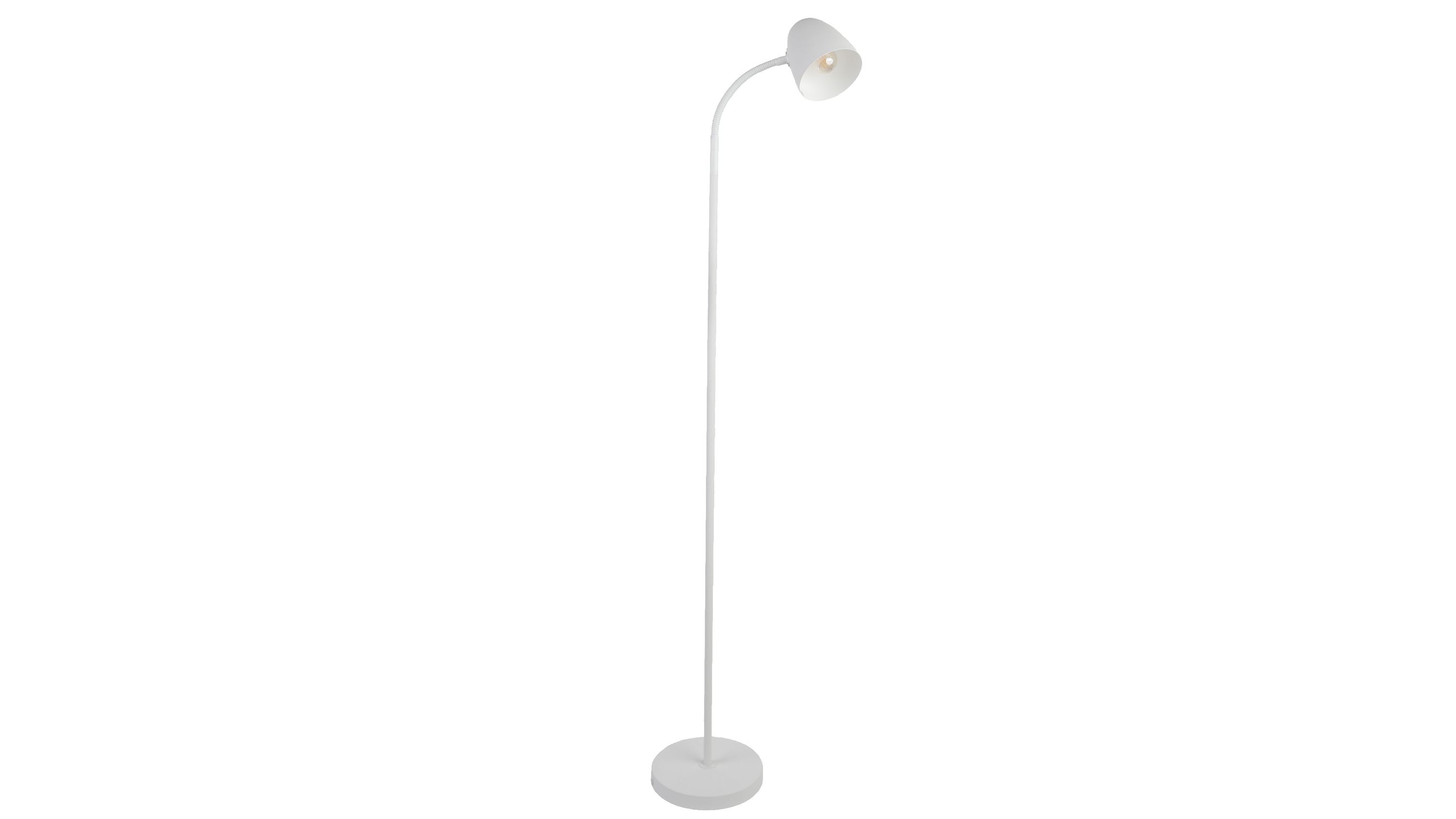 Weiße Stehlampe aus Metall mit gebogenem Lampenschirm Schlichte Stehlampe mit rundem Fuß und gebogenem Stiel weiß lackiertes Metall