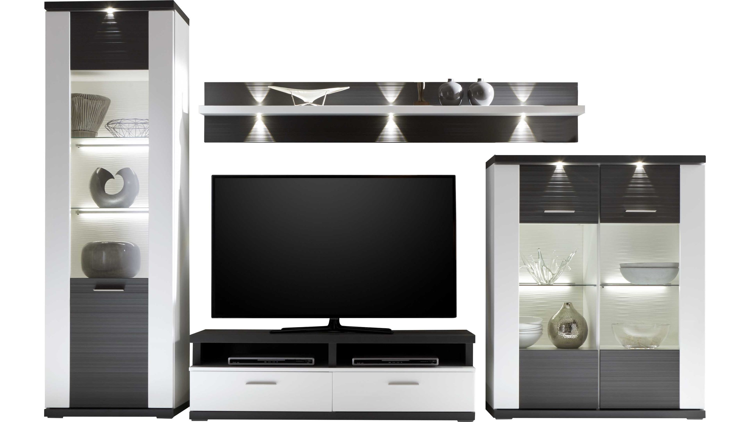 Fünfteilige Wohnwand mit TV-Möbel in Weiß und Graphit mit Vitrine Hängeregal und Schrank