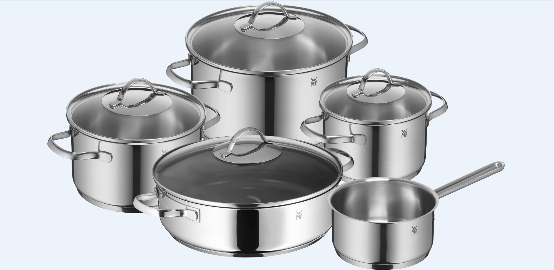 Fünfteilige Kochtopf-Set aus Edelstahl mit Glasdeckeln und einem Topf mit langem Griff