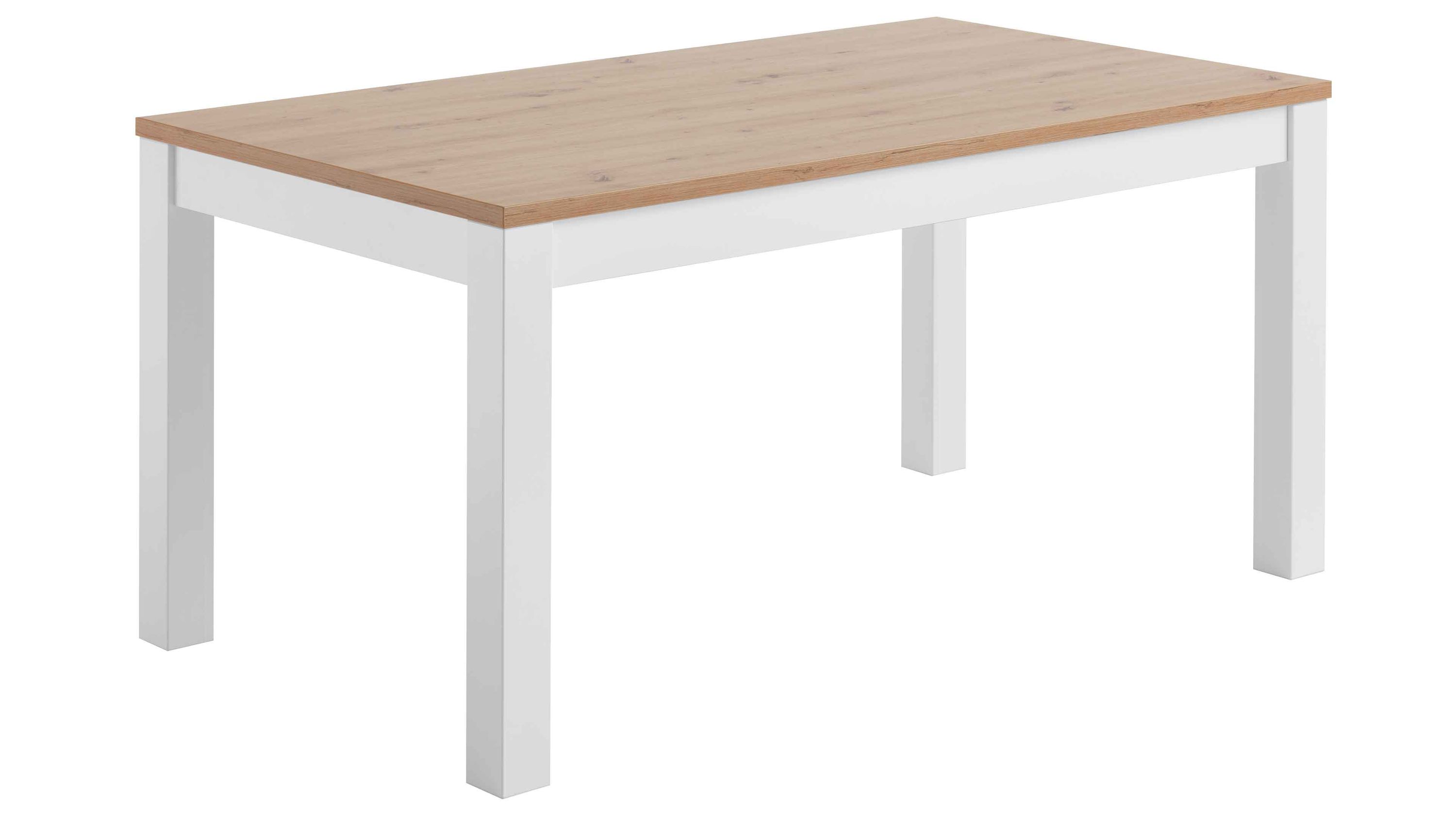 Auszugtisch mit Holzplatte und weißen Beinen Rechteckiger Auszugtisch mit hellem Holzfarbton und weißen Beinen