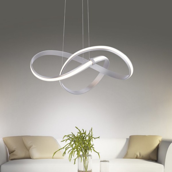 Moderne LED-Pendelleuchte mit doppelt geschwungener Lichtschlaufe und indirekter Beleuchtung Schwebende LED-Pendelleuchte doppelt geschwungene Lichtschlaufe drei Seilaufhängungen indirekte Beleuchtung