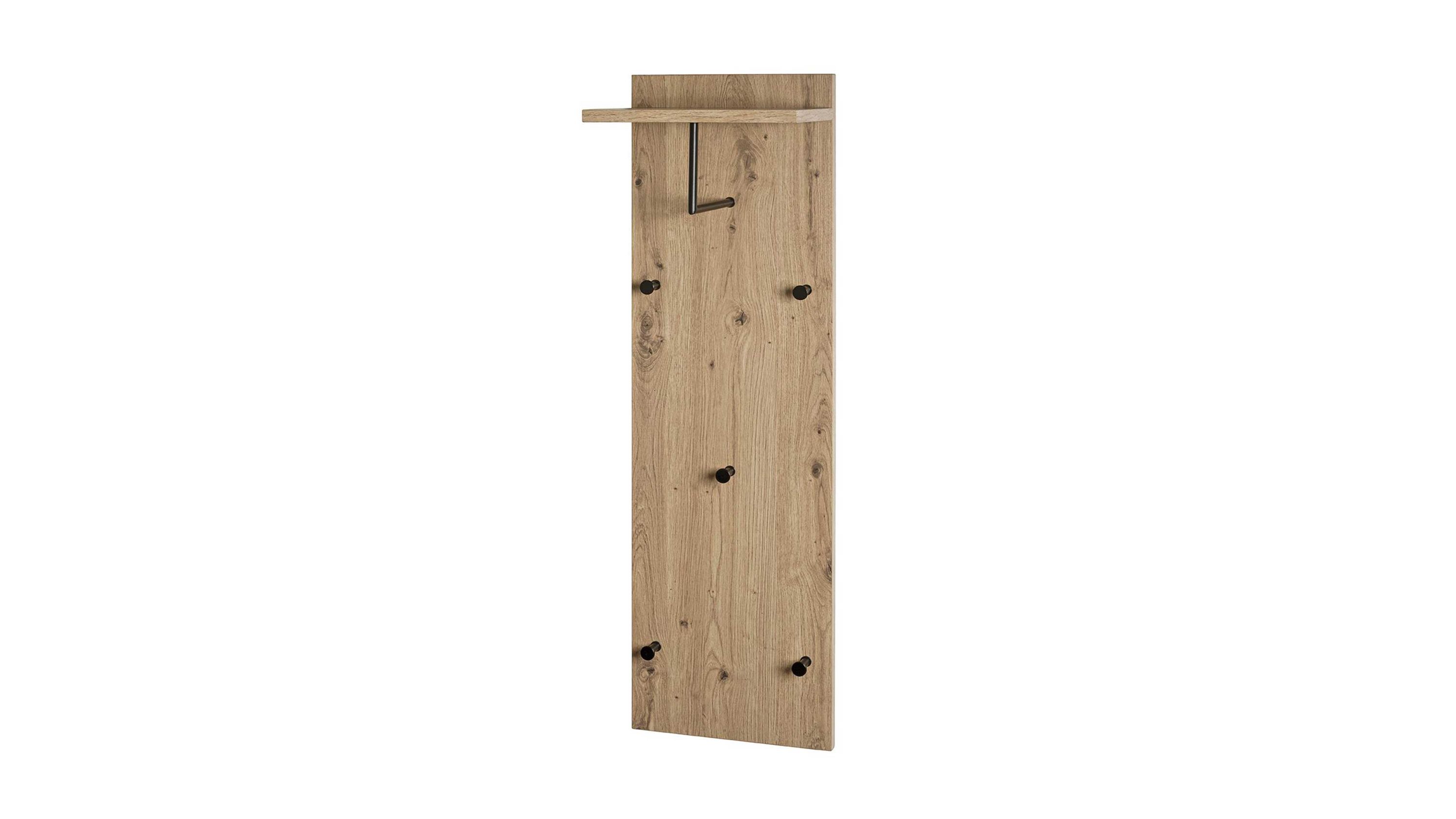 Schmale Wandgarderobe aus hellem Holz mit sechs schwarzen Haken und einer Ablage oben